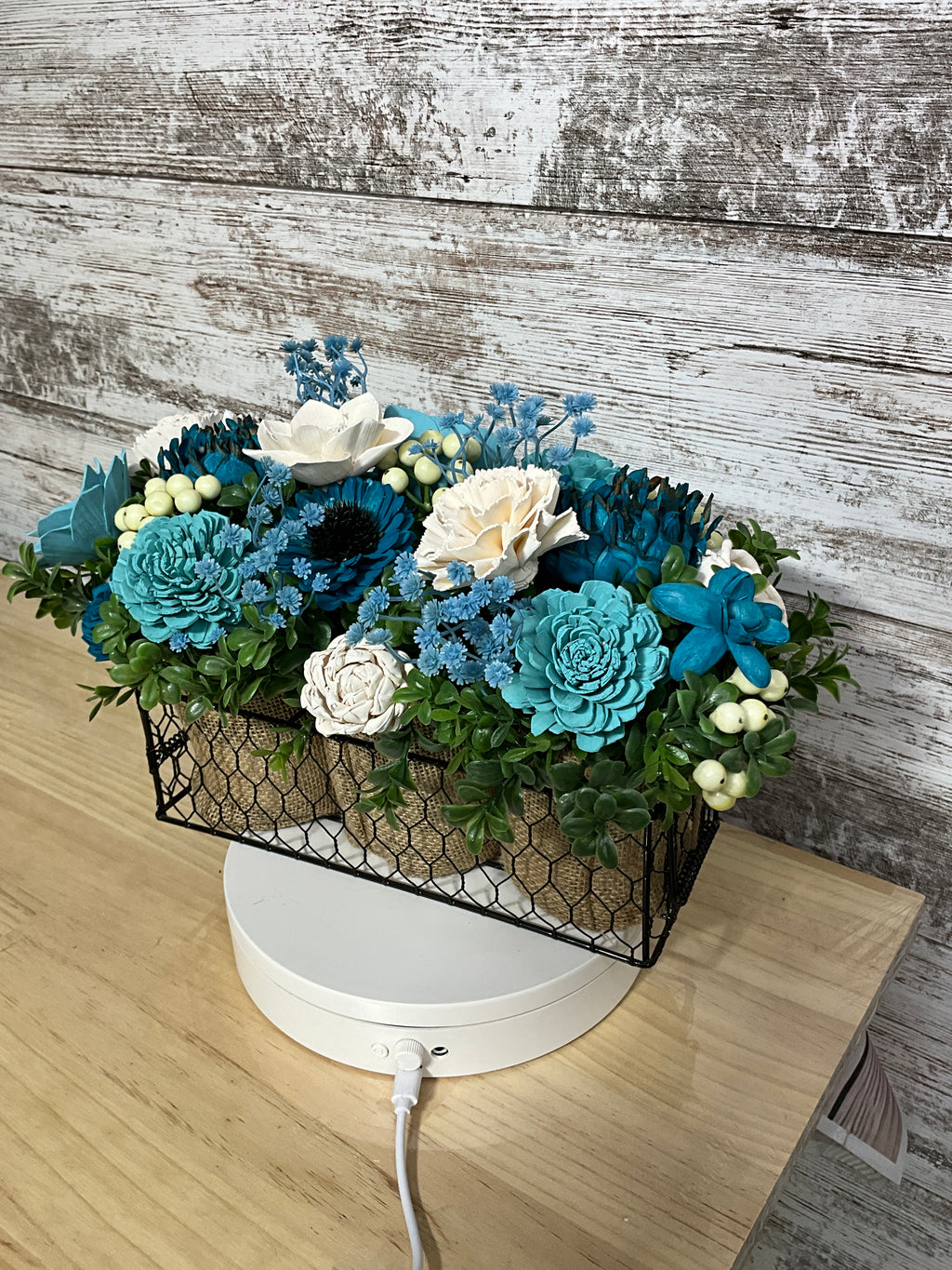 Something Blue — Teal & Cream Sola Wood Flower Centerpiece
