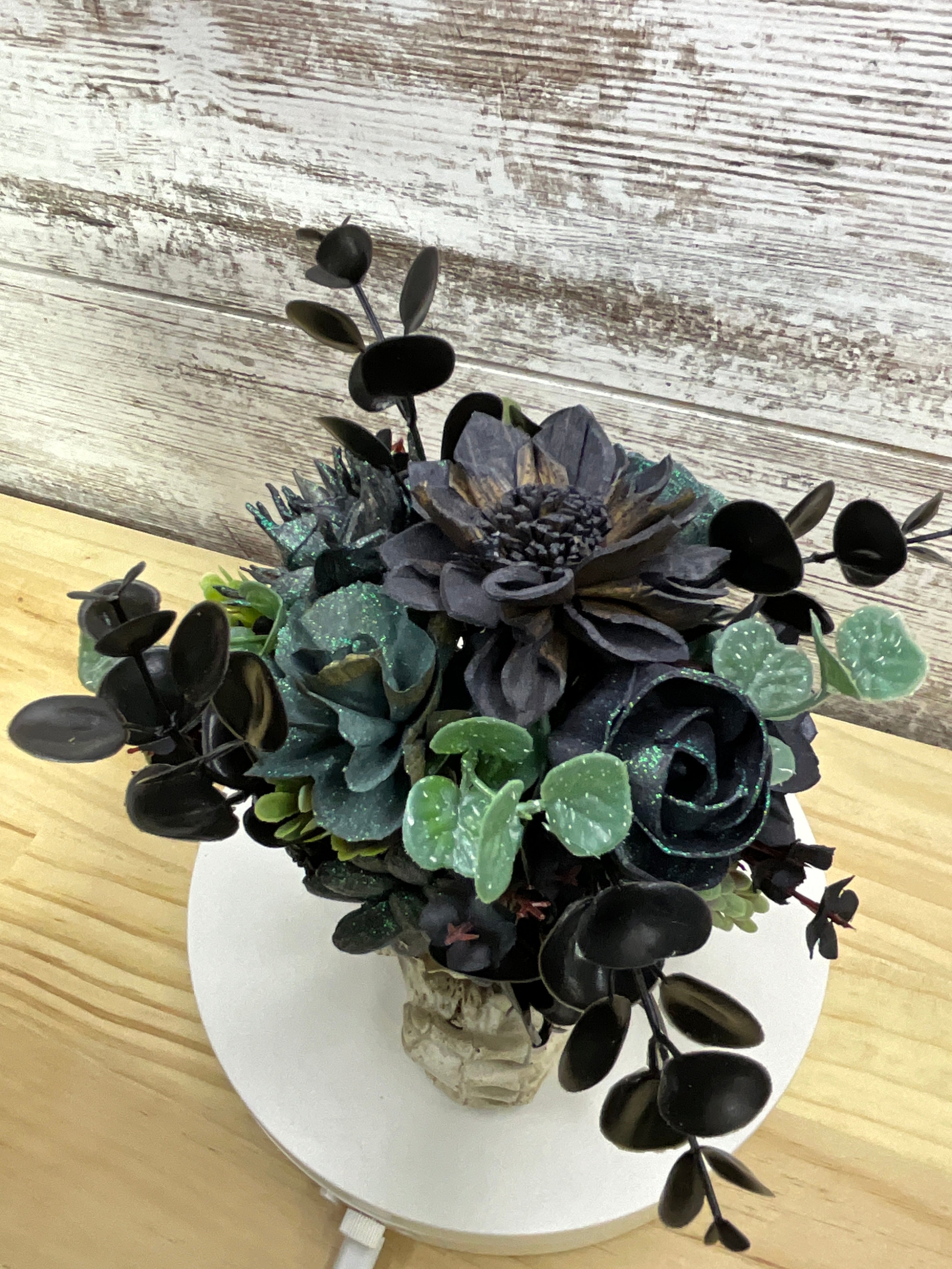 Gothic Black Sola Wood Flower Skull Arrangement