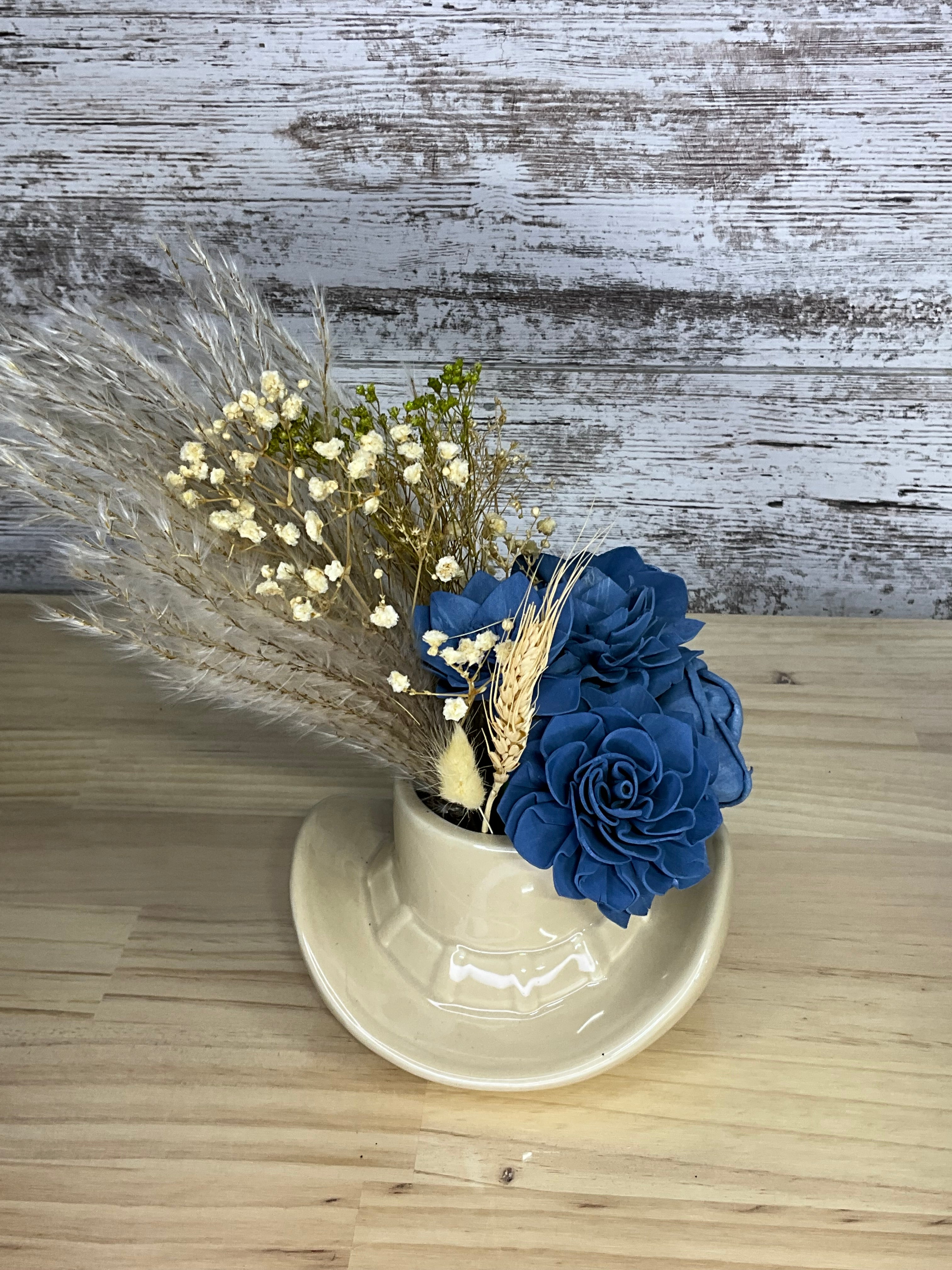 Cowboy Hat Vase Sola Wood Arrangement – Cobalt Blue & Dried Pampas