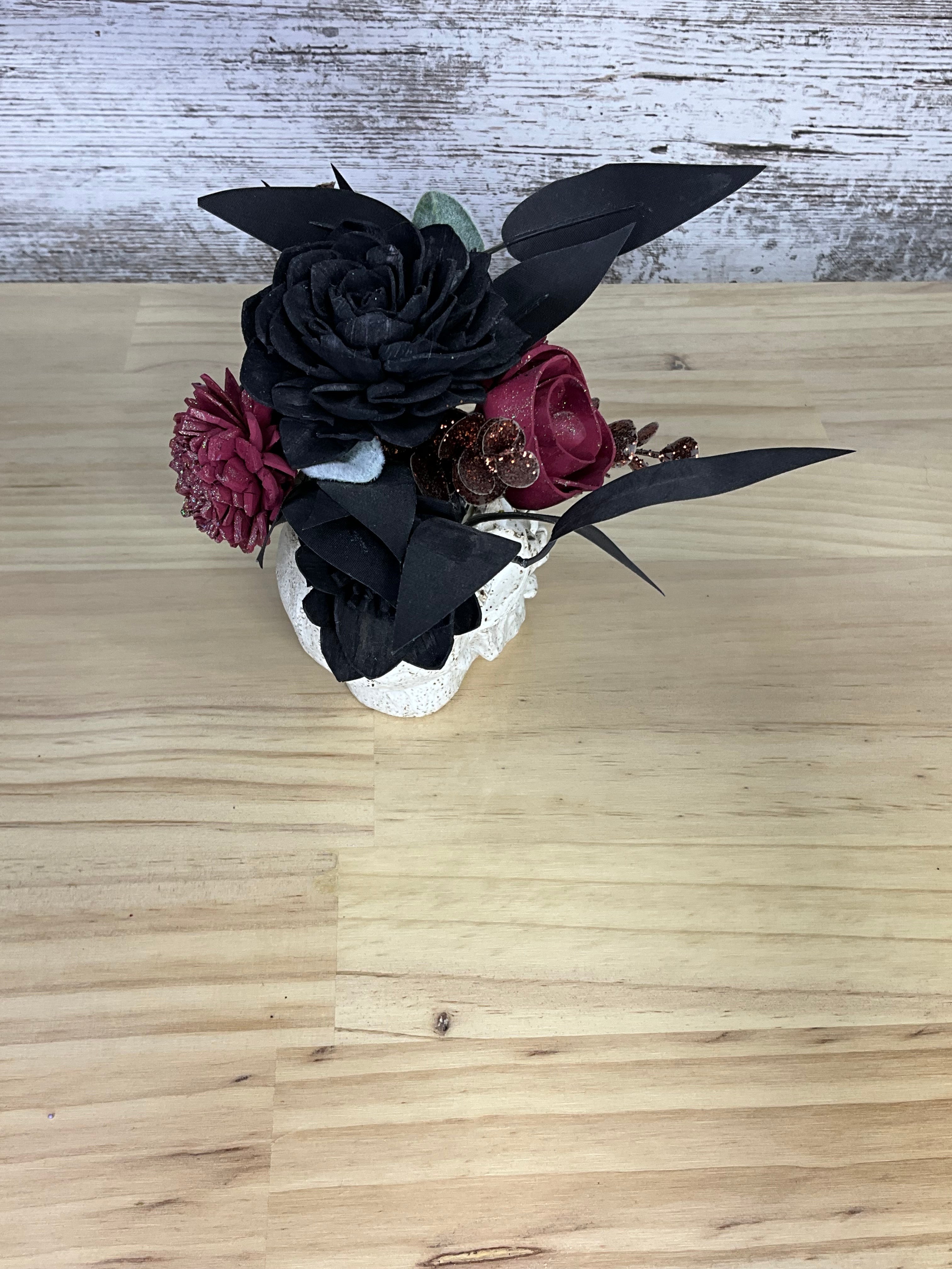 Skull Vase Sola Wood Flower Arrangement – Gothic Black & Burgundy