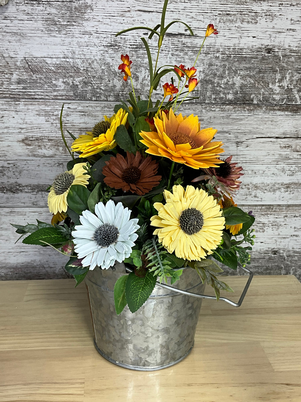Sunflower Seeds Tin Sola Wood Arrangement – Sunflowers, Daisies & Fall Blooms