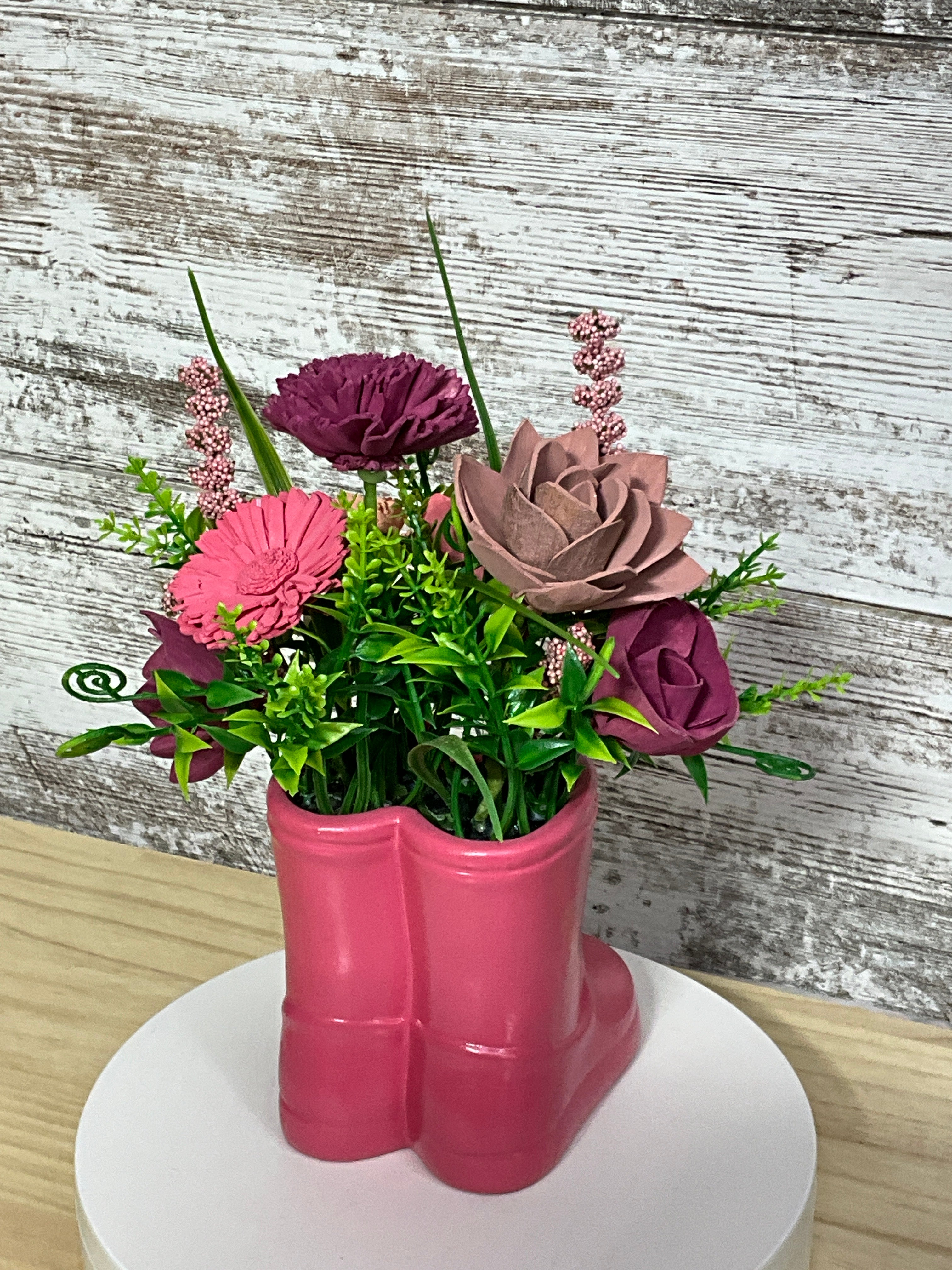 Pink Rain Boots | Sola Wood Flower Arrangement in Boot Vase