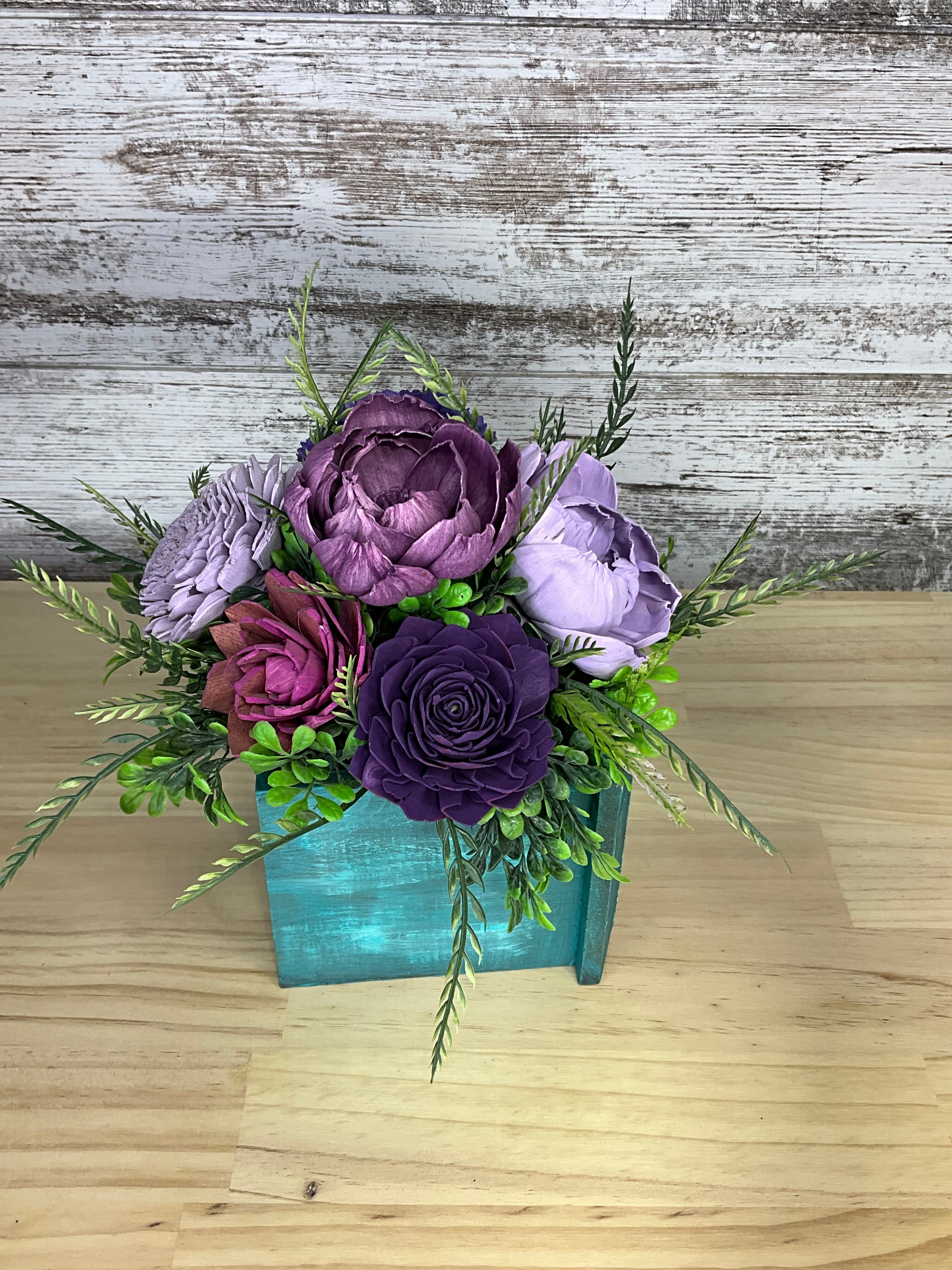 Distressed Teal Drawer Box Sola Wood Arrangement – Purple, Lavender & Plum
