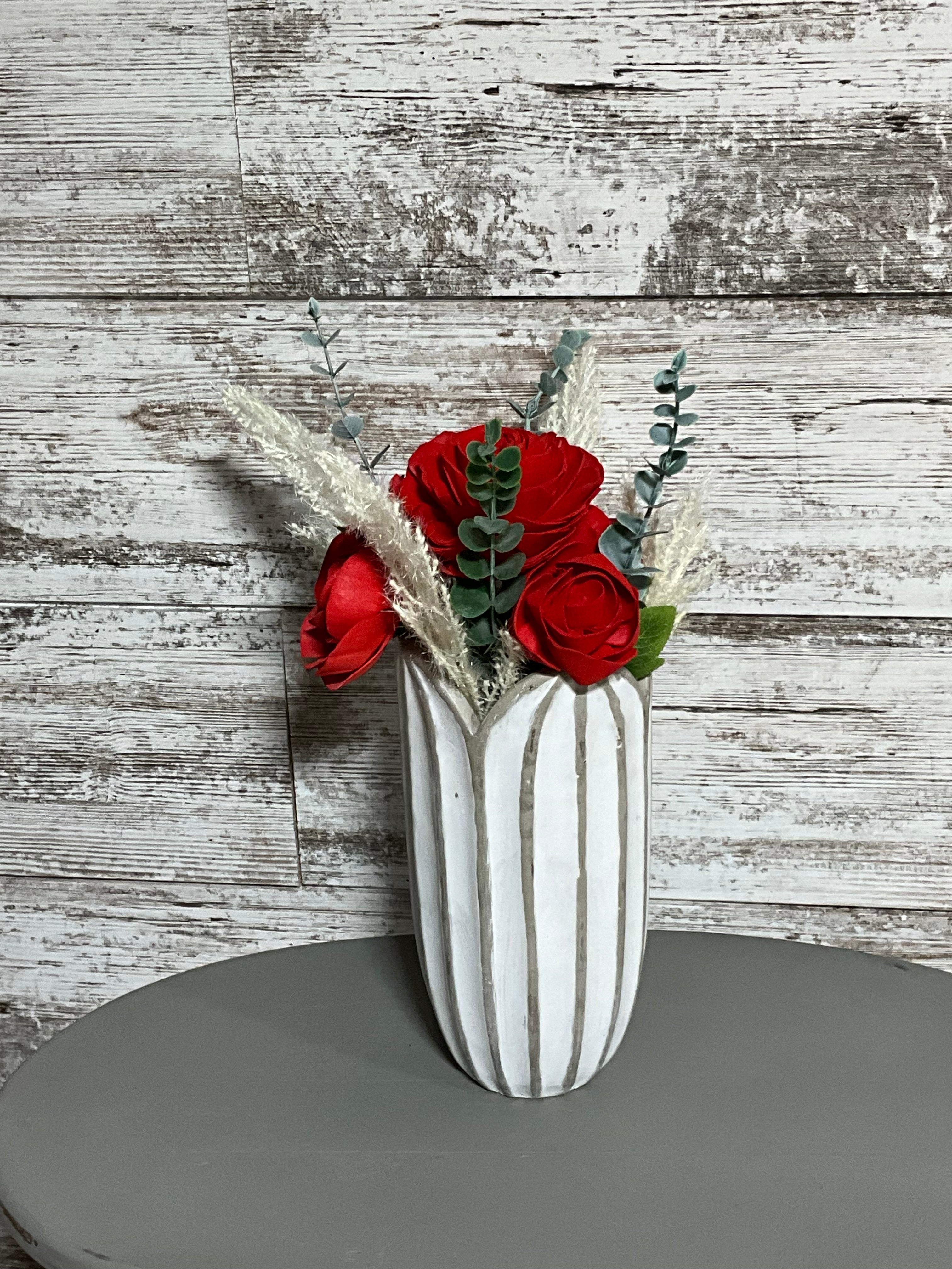 Red Rose Sola Flower Arrangement in White Concrete Vase