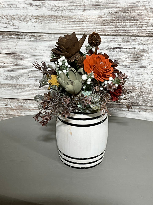 Chic Farmhouse Floral Arrangement | Transform Your Home with a Rustic Barrel Display - Joni’s Sola Ever After, LLC