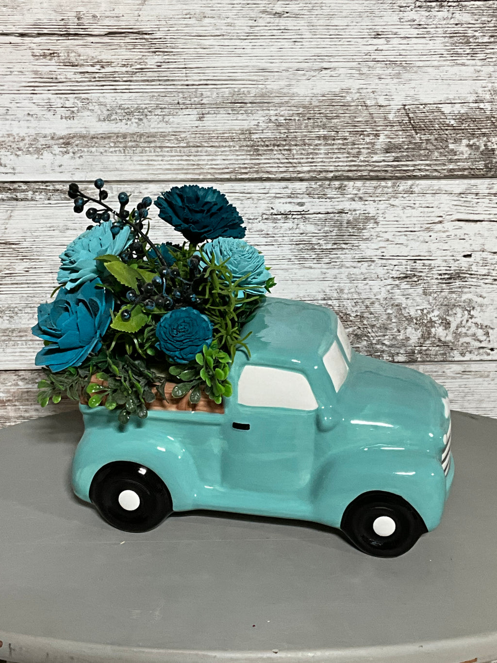 Turquoise Vintage Truck Wooden Flower Centerpiece | Farmhouse Decor - Joni’s Sola Ever After, LLC