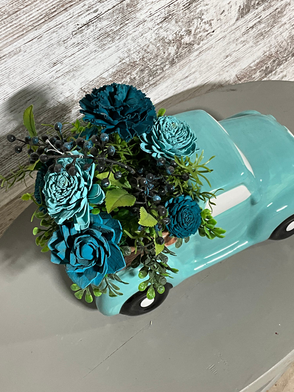 Turquoise Vintage Truck Wooden Flower Centerpiece | Farmhouse Decor - Joni’s Sola Ever After, LLC
