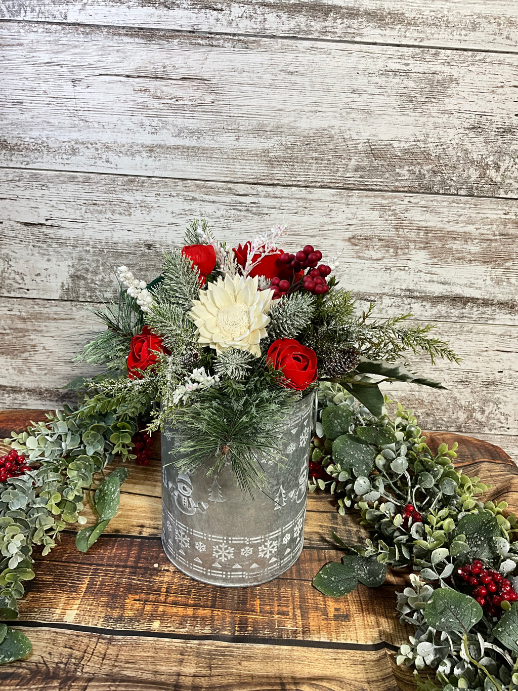 Winter Wonderland Sola Wood Flower Arrangement in Galvanized Tin