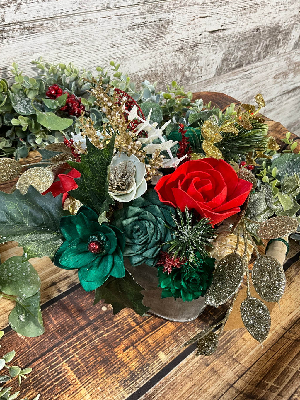 Classic Christmas Elegance - Red, White & Emerald Centerpiece