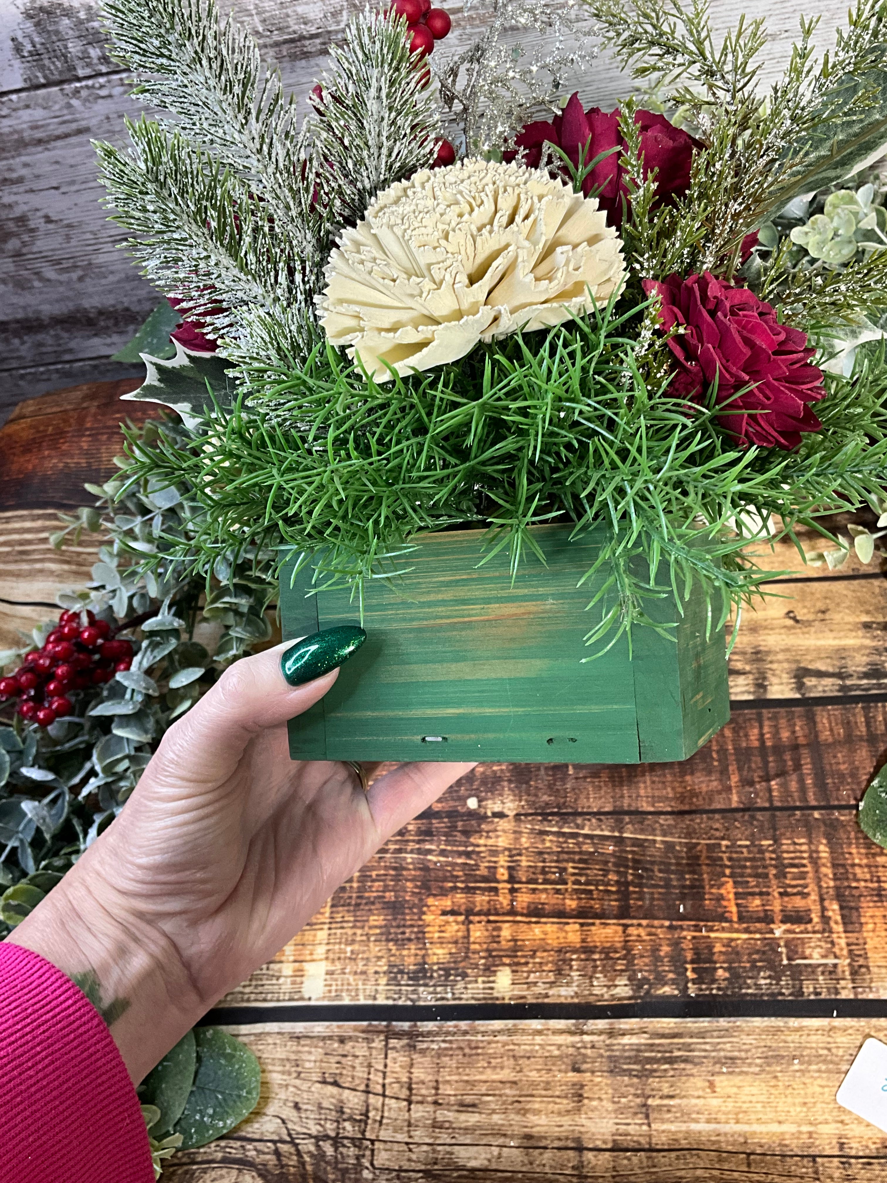 Winter Elegance Sola Wood Flower Arrangement in Green Box