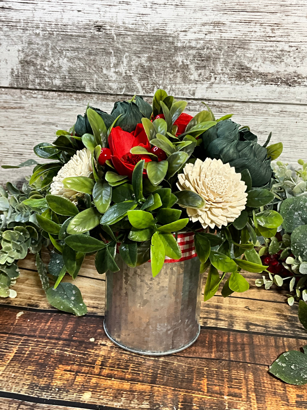 Festive Farmhouse Sola Wood Flower Arrangement in Galvanized Tin