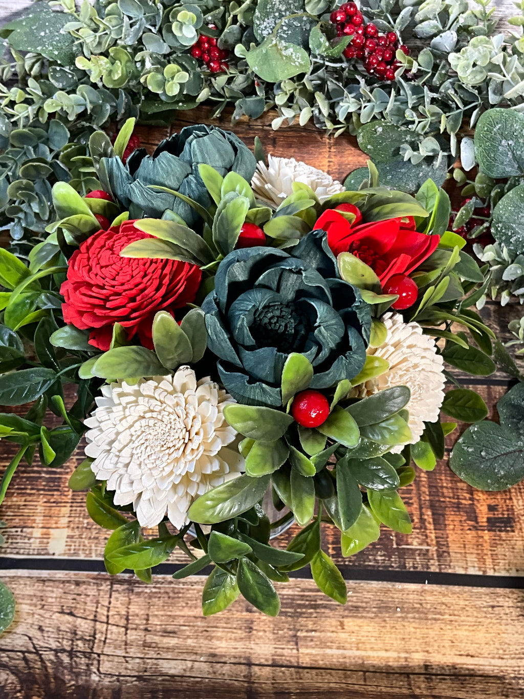 Festive Farmhouse Sola Wood Flower Arrangement in Galvanized Tin