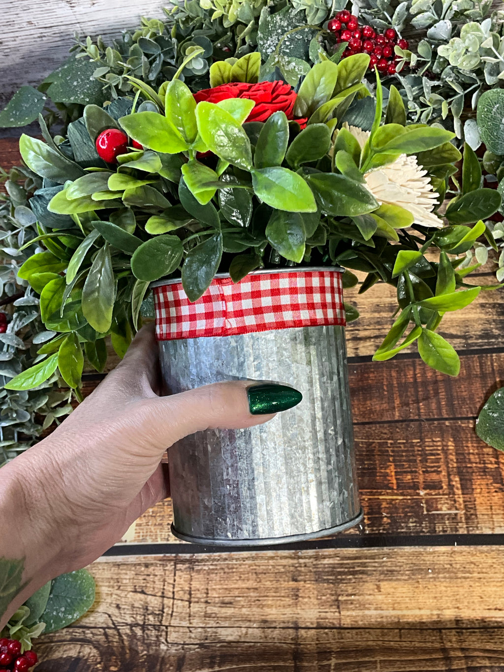 Festive Farmhouse Sola Wood Flower Arrangement in Galvanized Tin