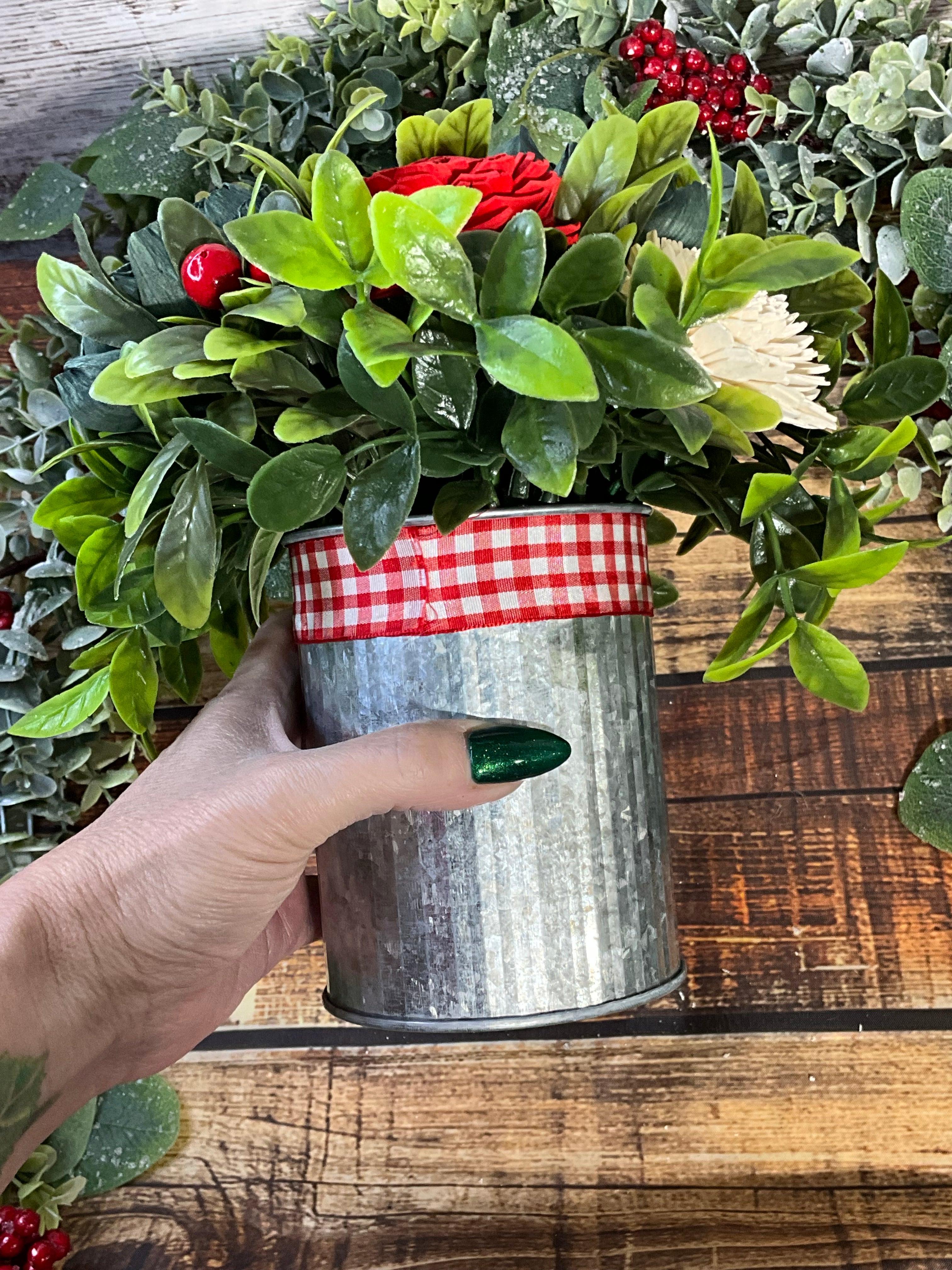 Festive Farmhouse Sola Wood Flower Arrangement in Galvanized Tin