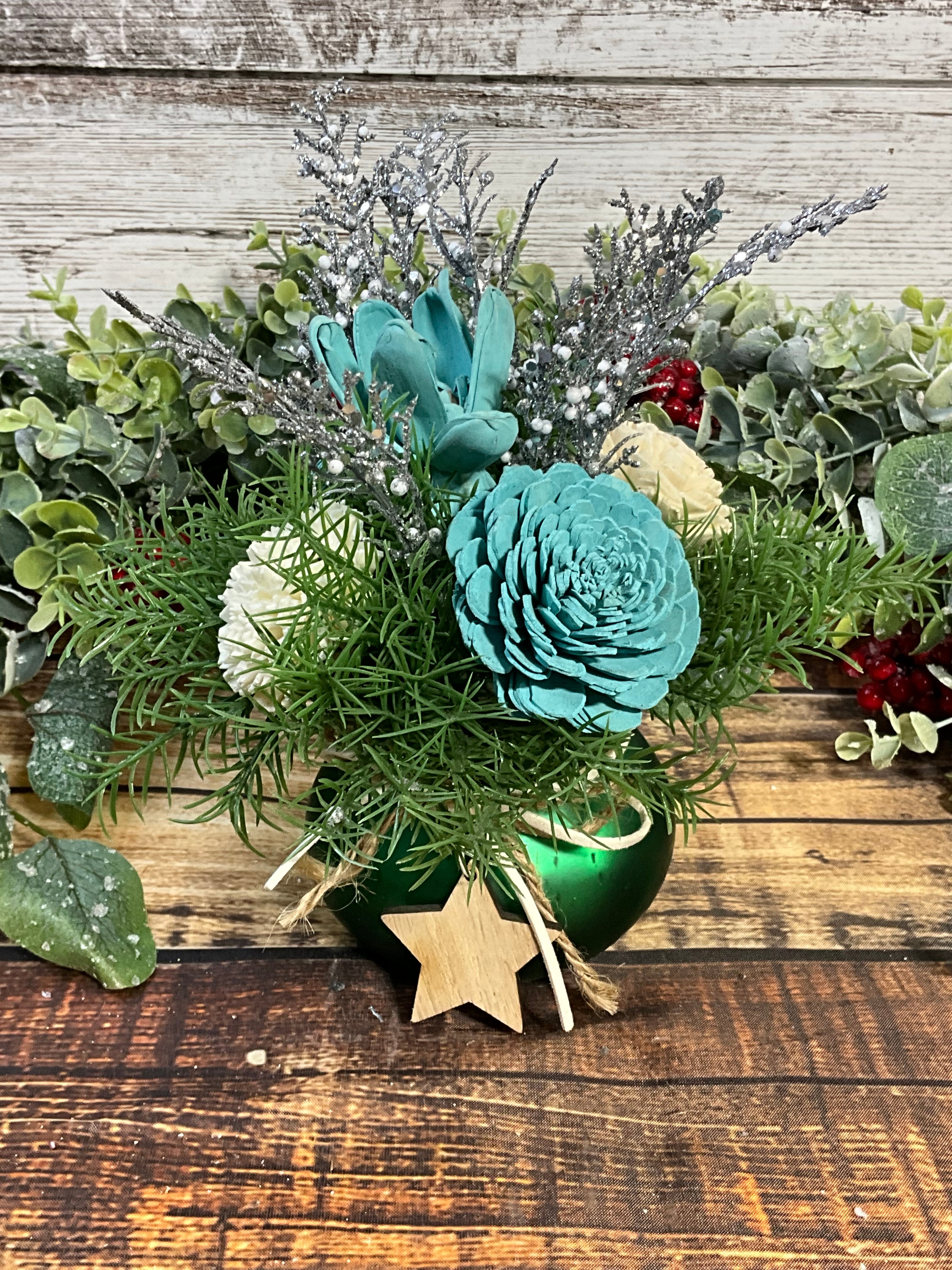 Frosty Teal Christmas Sola Wood Flower Arrangement in Ornament Vase
