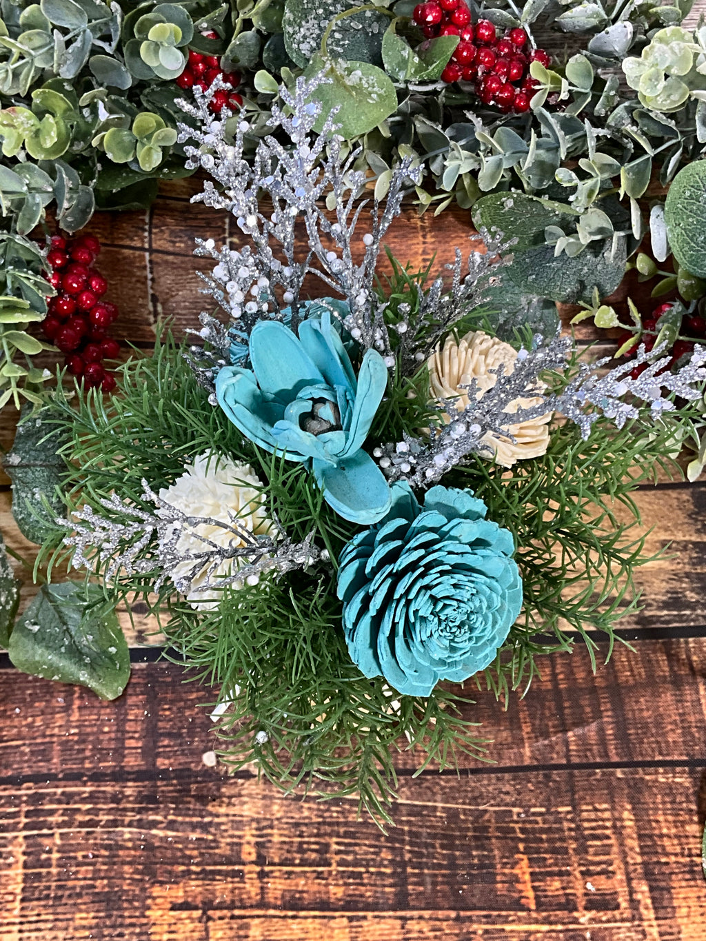 Frosty Teal Christmas Sola Wood Flower Arrangement in Ornament Vase
