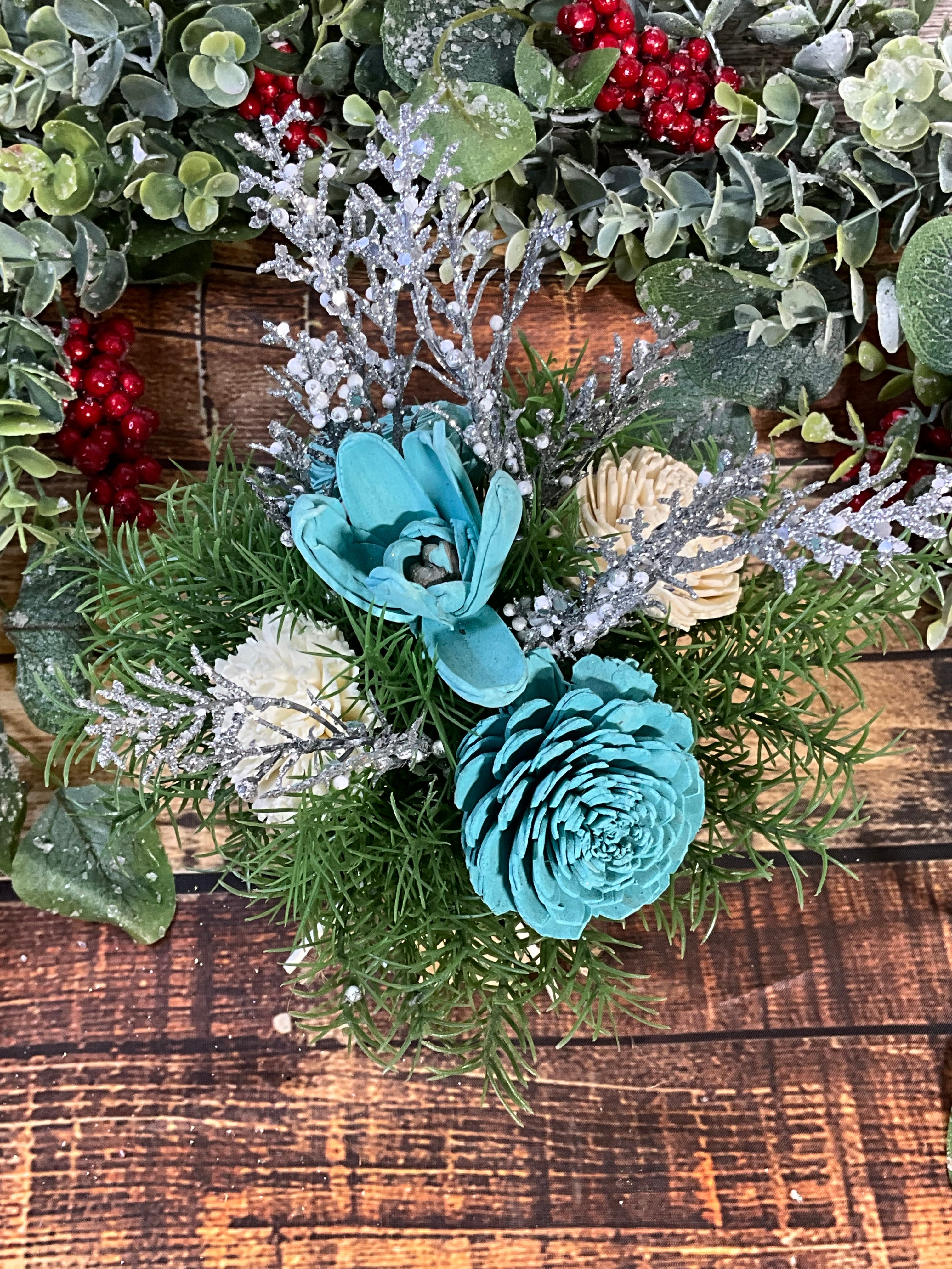 Frosty Teal Christmas Sola Wood Flower Arrangement in Ornament Vase