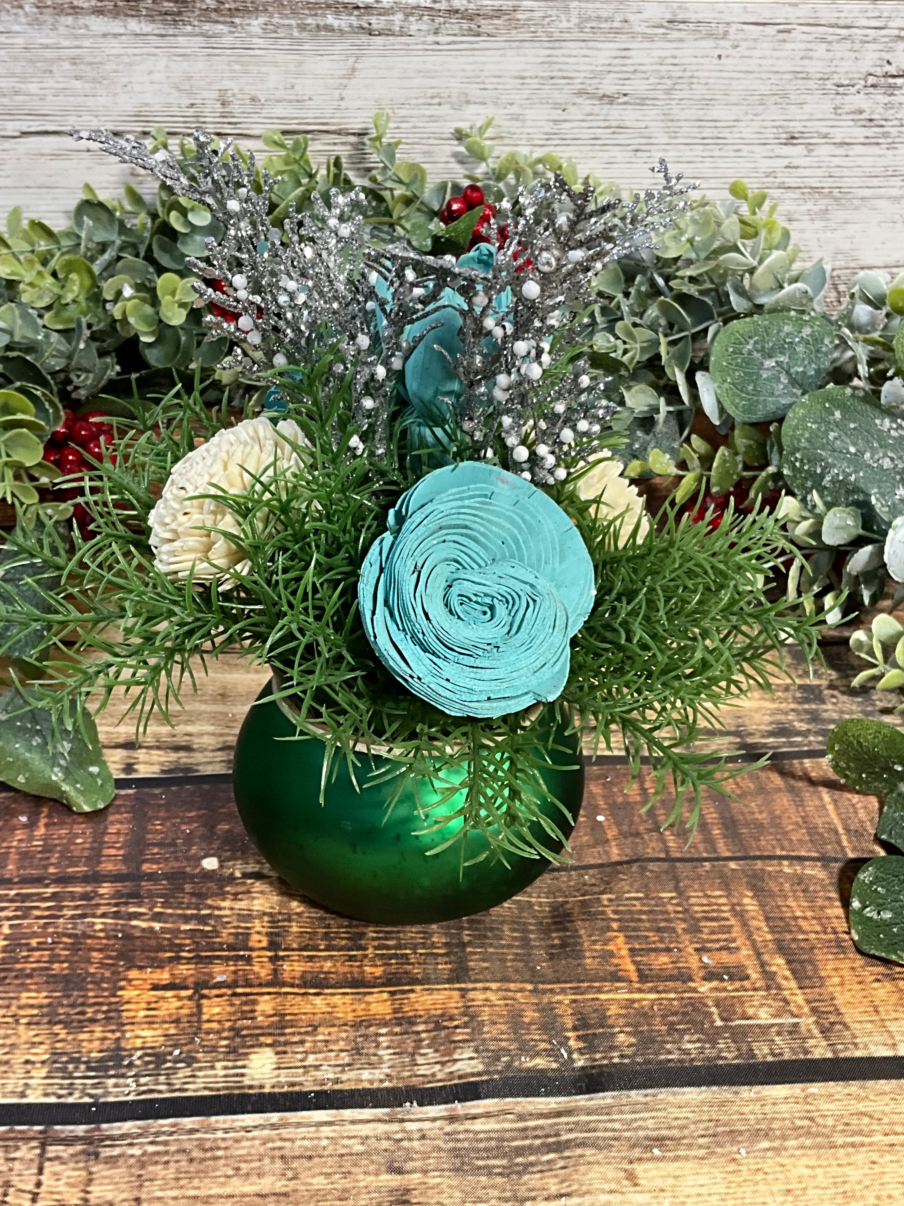 Frosty Teal Christmas Sola Wood Flower Arrangement in Ornament Vase
