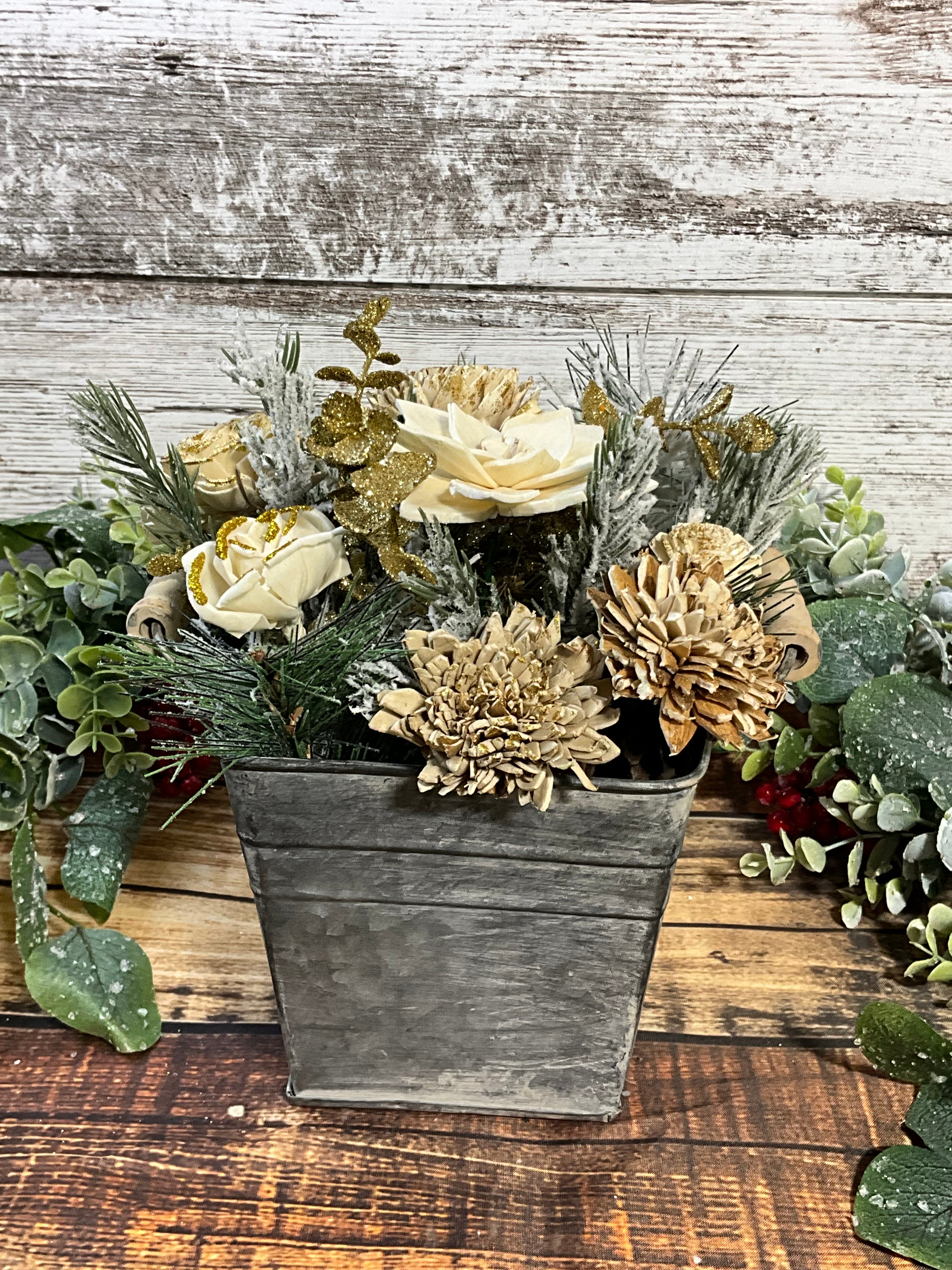 Golden Elegance Sola Wood Flower Arrangement in Galvanized Tin