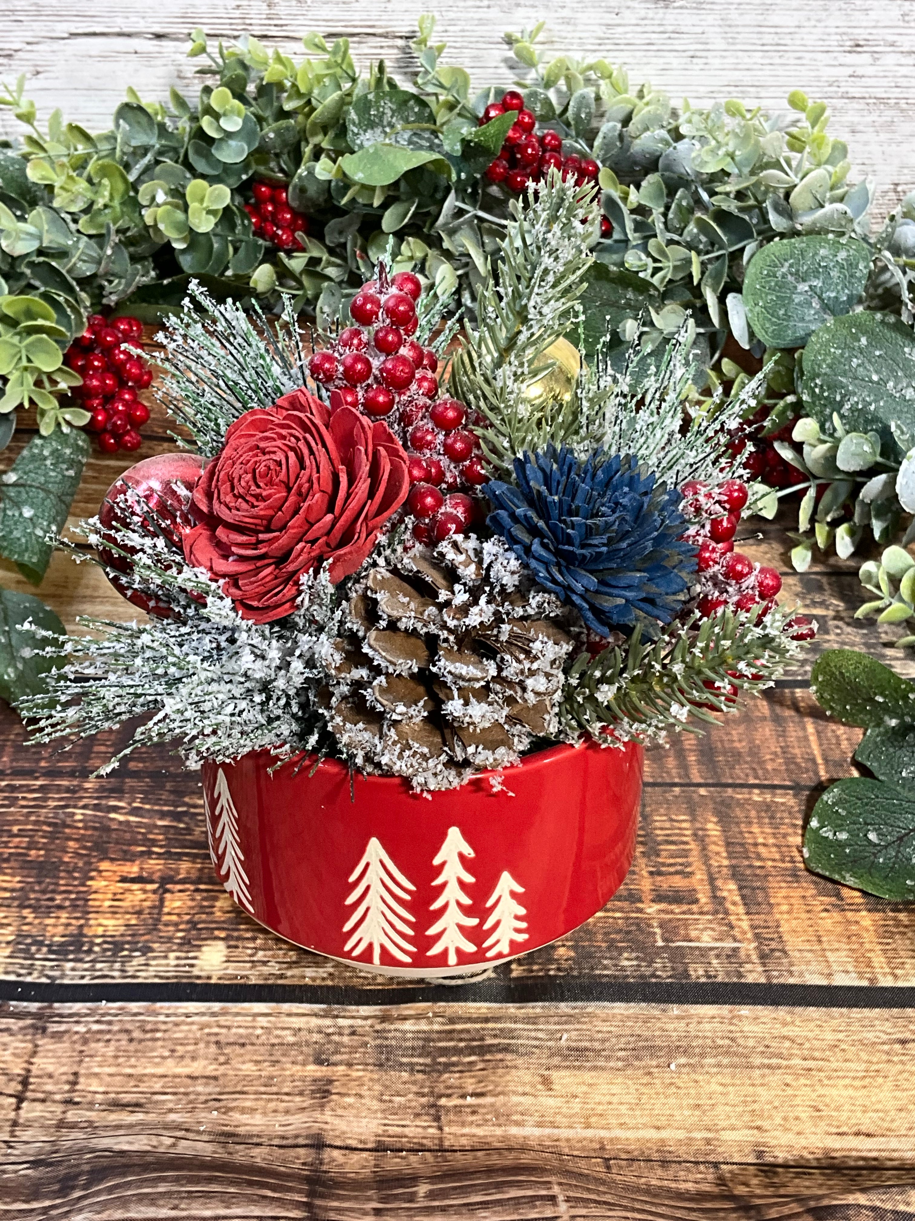 Frosty Blue Christmas Sola Wood Flower Arrangement in Red Tree Tin