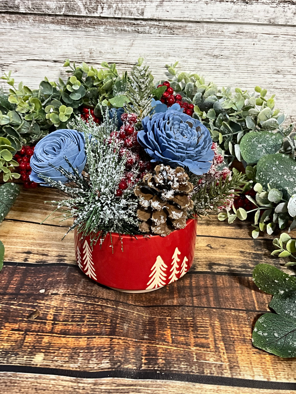 Frosty Blue Christmas Sola Wood Flower Arrangement in Red Tree Tin