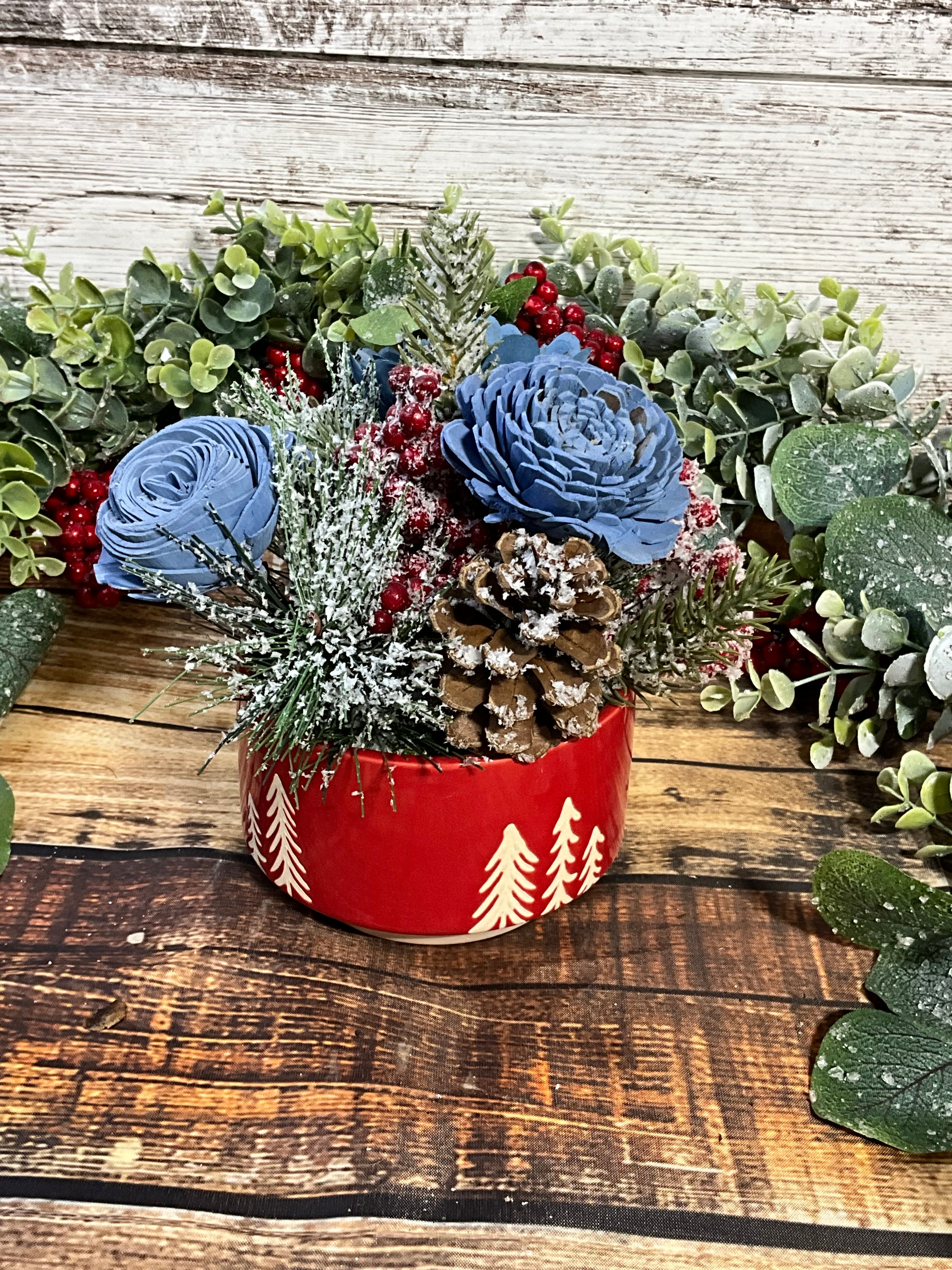 Frosty Blue Christmas Sola Wood Flower Arrangement in Red Tree Tin