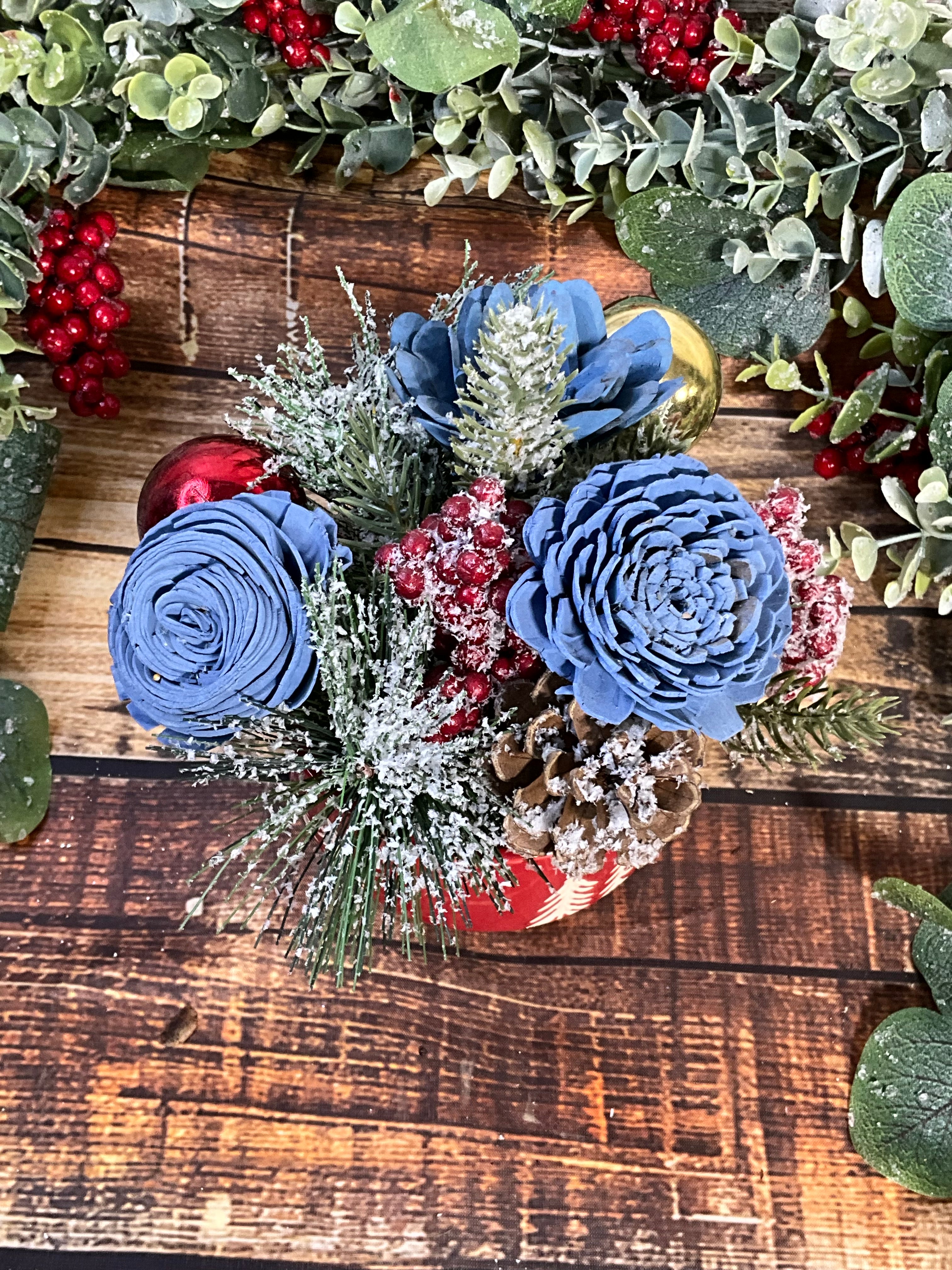 Frosty Blue Christmas Sola Wood Flower Arrangement in Red Tree Tin