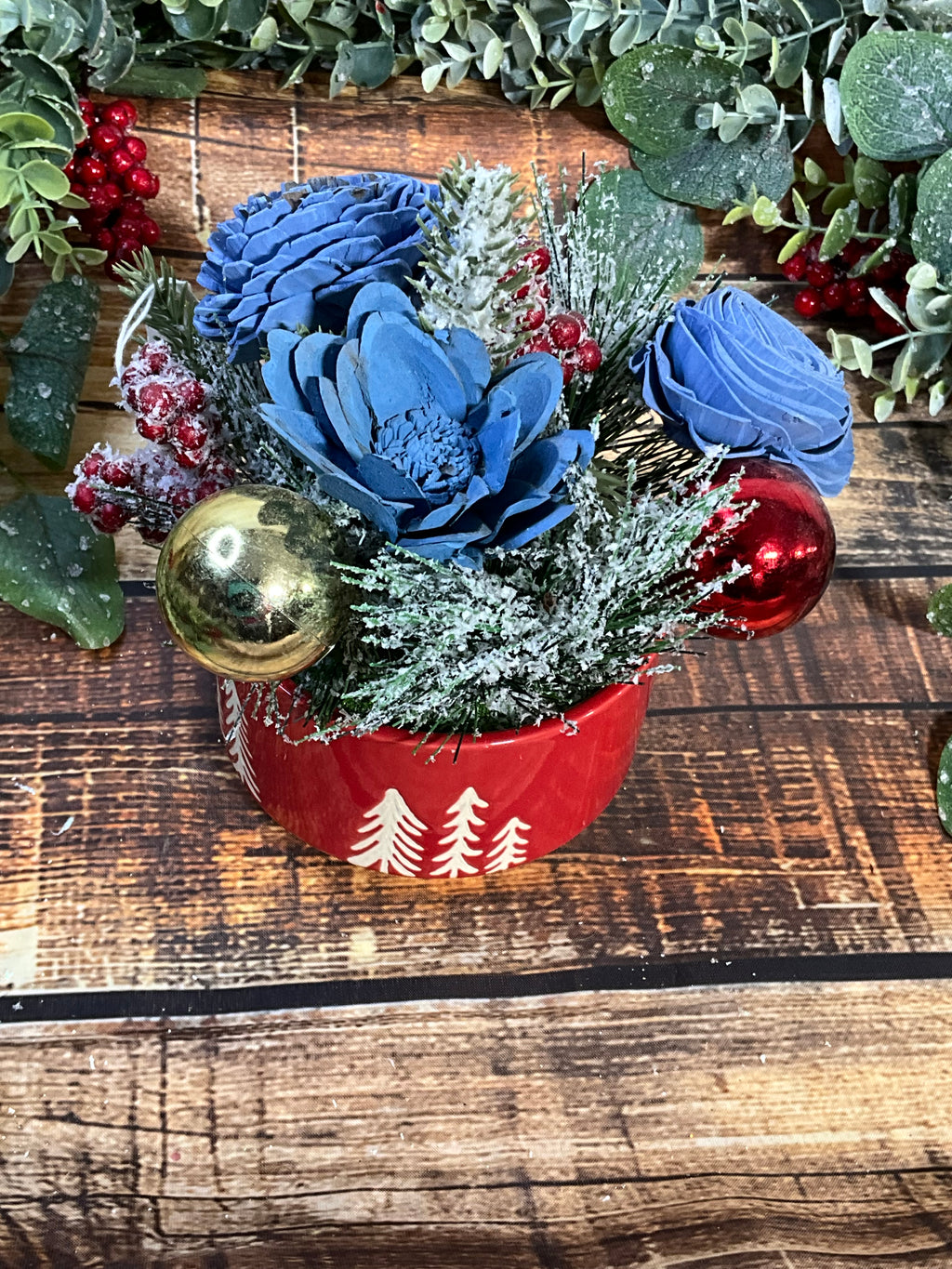 Frosty Blue Christmas Sola Wood Flower Arrangement in Red Tree Tin