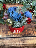 Frosty Blue Christmas Sola Wood Flower Arrangement in Red Tree Tin
