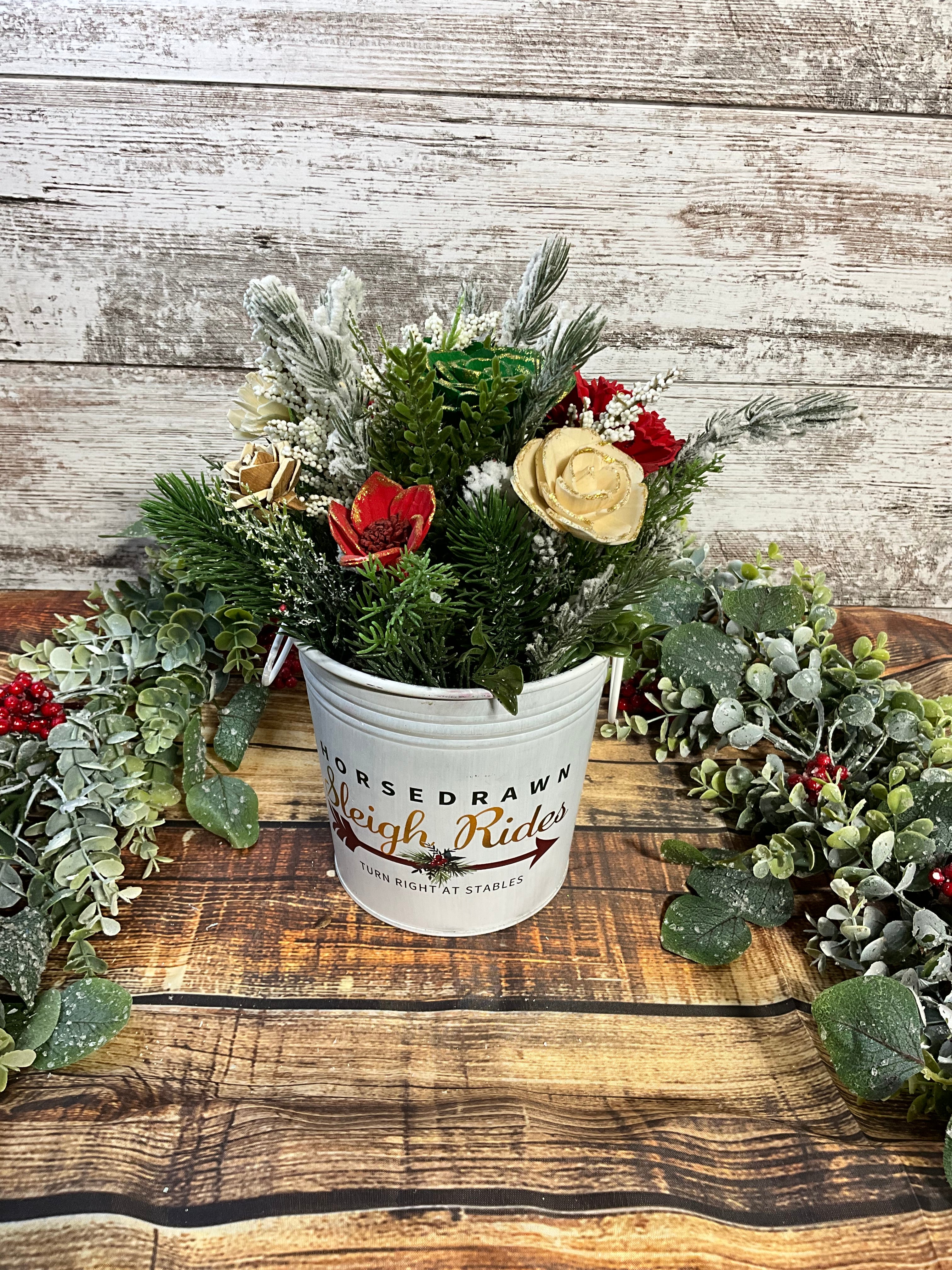 Sleigh Rides Christmas Sola Wood Flower Arrangement in Tin Bucket