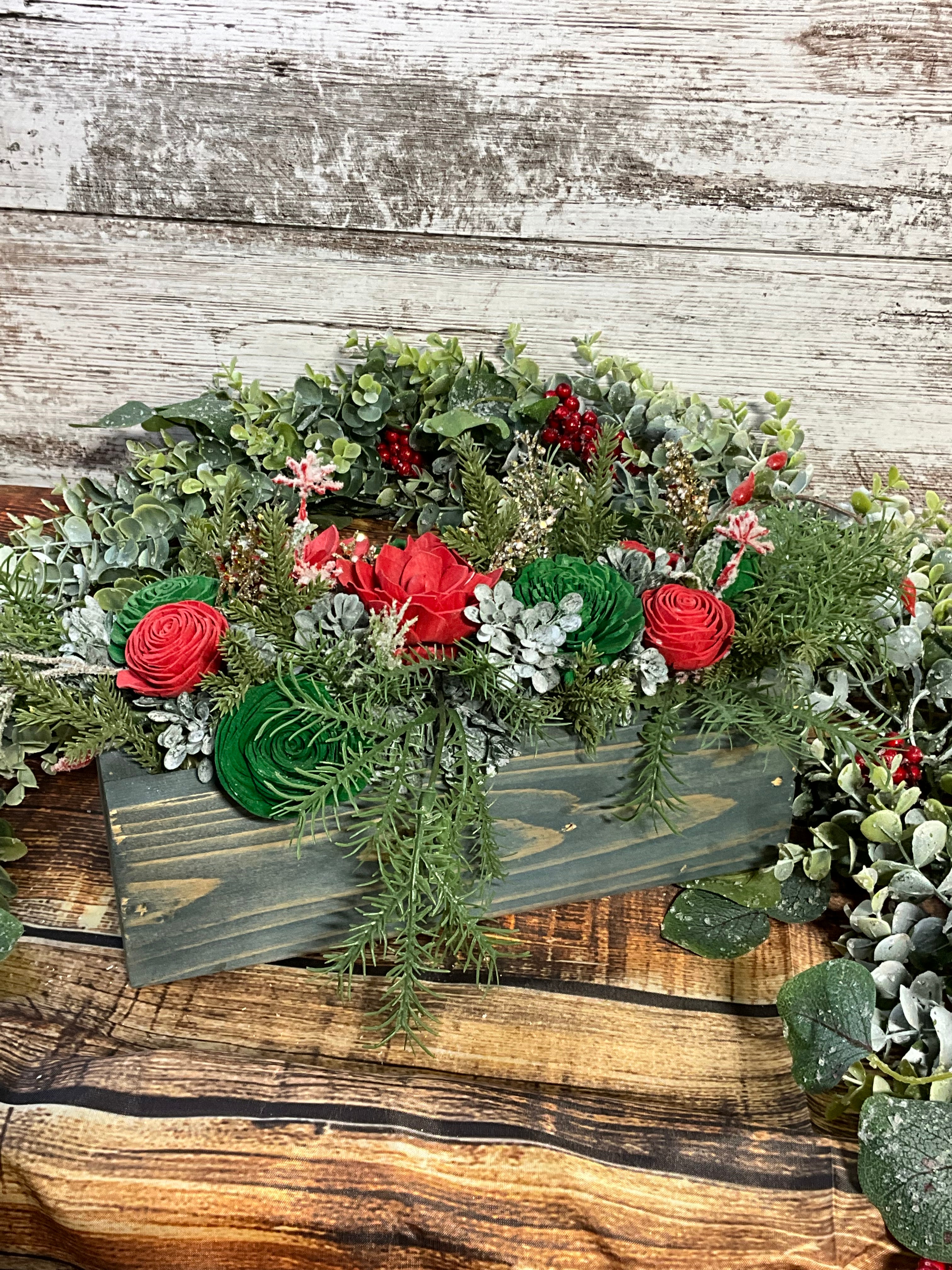 Christmas Garden Sola Wood Flower Centerpiece in Rustic Wooden Box