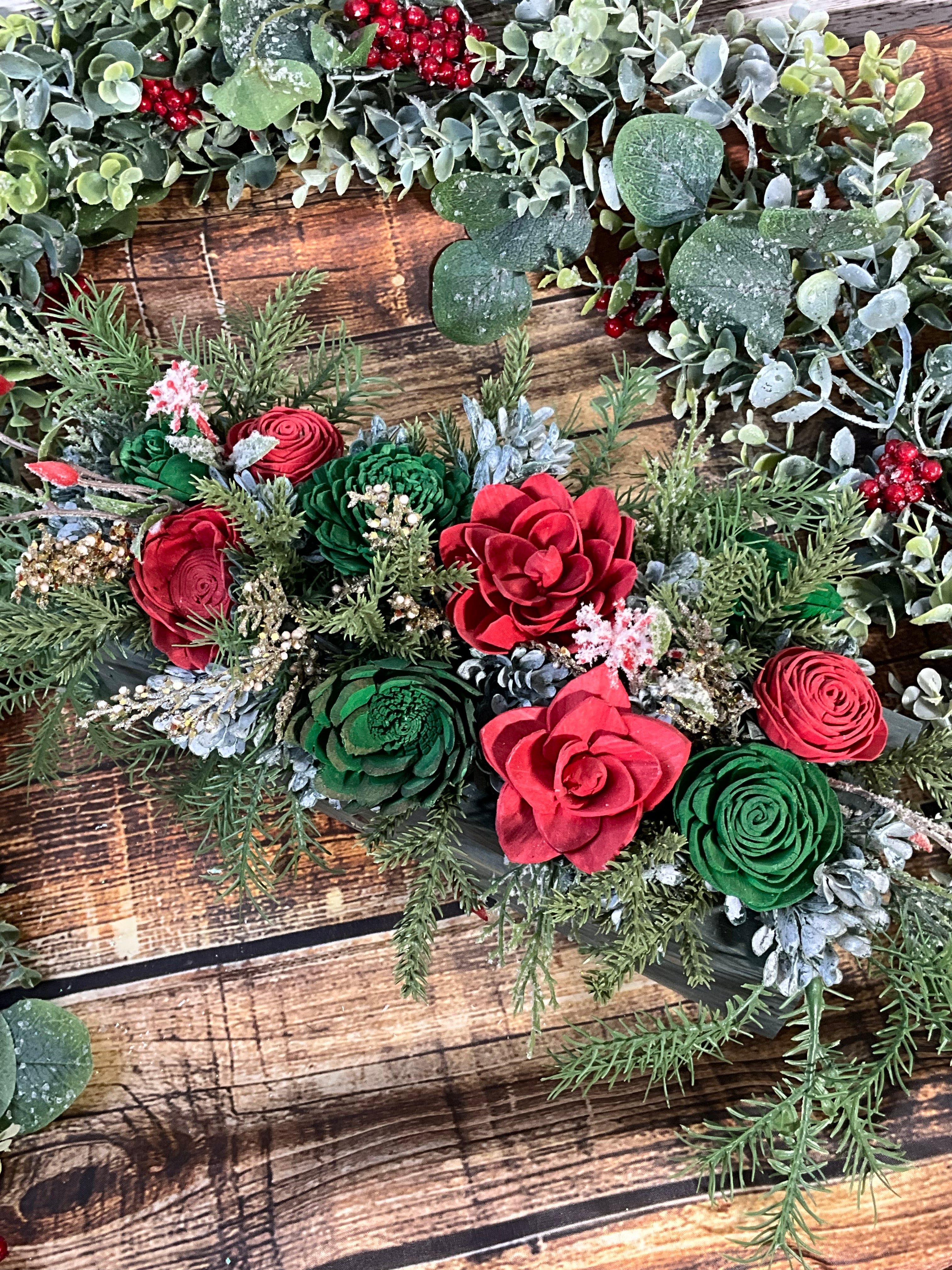 Christmas Garden Sola Wood Flower Centerpiece in Rustic Wooden Box