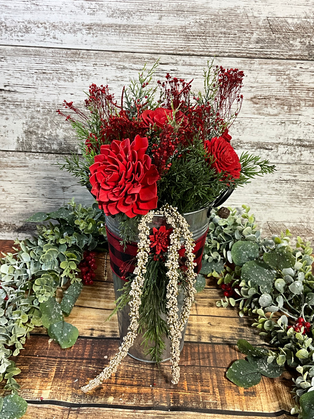 Buffalo Plaid Christmas Sola Wood Flower Arrangement in Galvanized Bucket