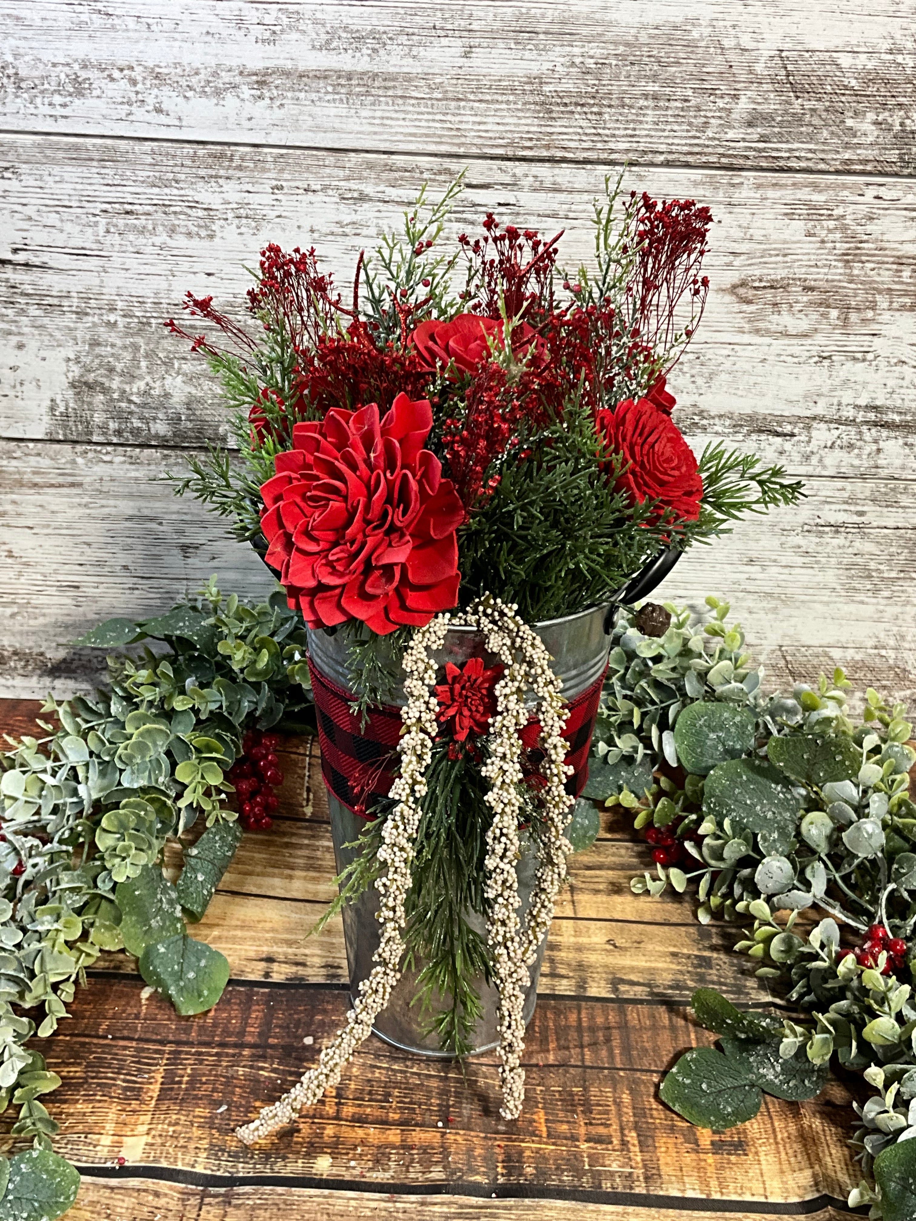 Buffalo Plaid Christmas Sola Wood Flower Arrangement in Galvanized Bucket