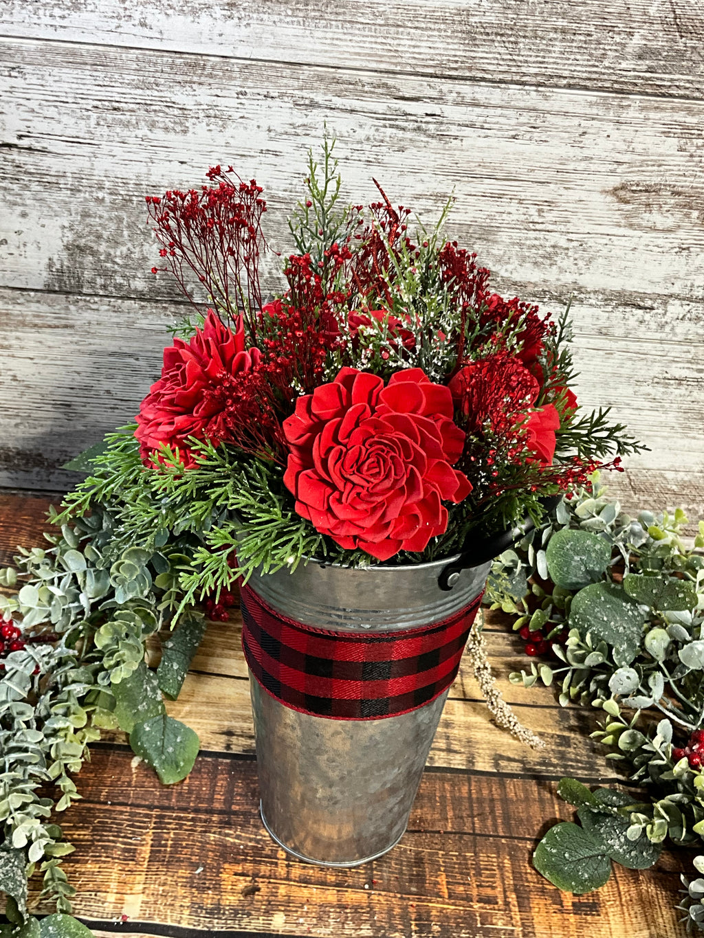 Buffalo Plaid Christmas Sola Wood Flower Arrangement in Galvanized Bucket