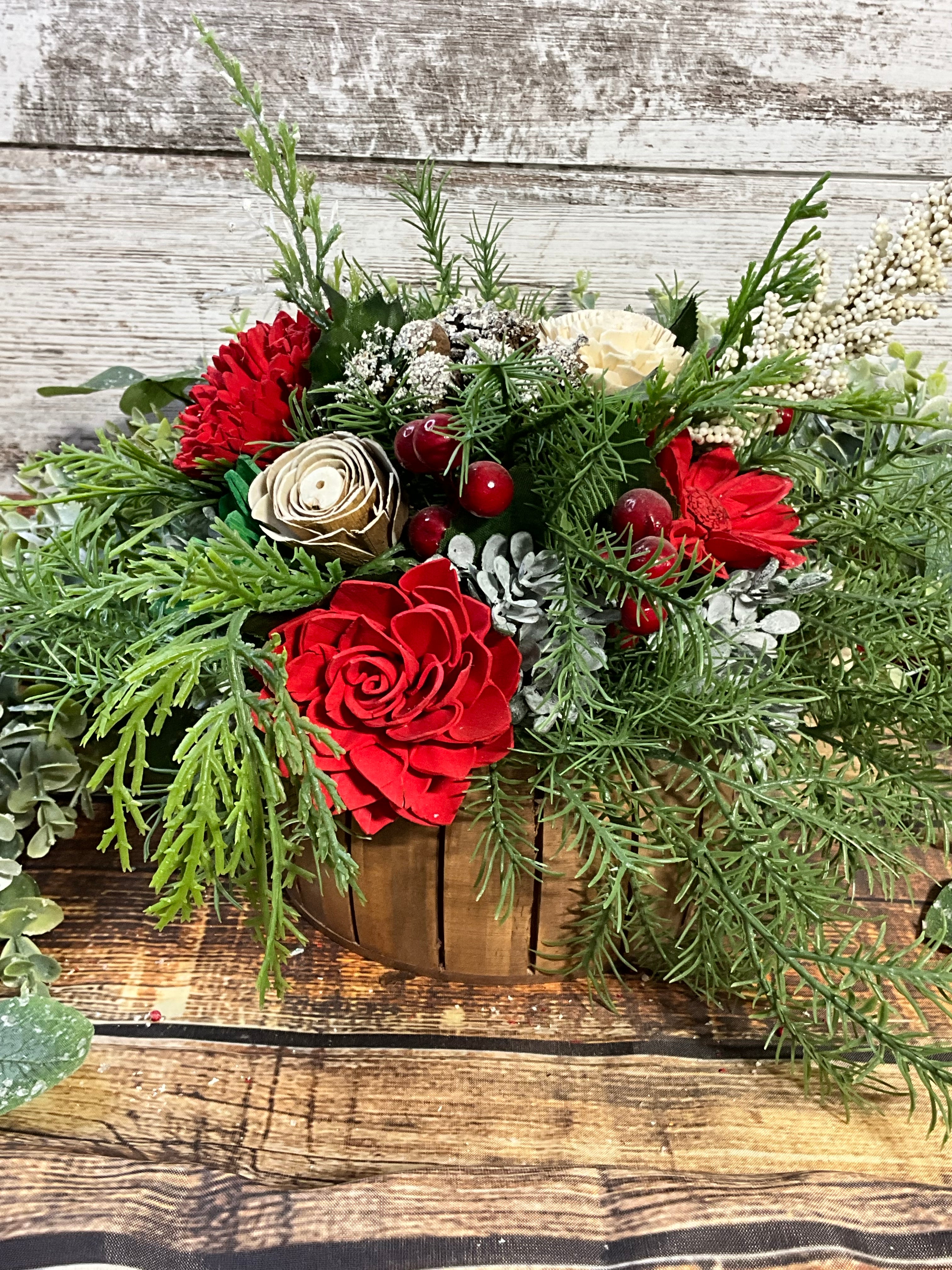 Christmas Woodland Sola Wood Flower Arrangement in Rustic Box
