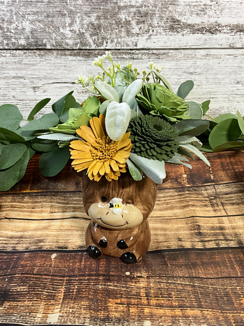 Highland Cow Sola Wood Arrangement - Farmhouse Floral in Ceramic Cow Planter - Joni’s Sola Ever After, LLC