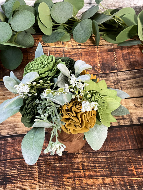 Highland Cow Sola Wood Arrangement - Farmhouse Floral in Ceramic Cow Planter - Joni’s Sola Ever After, LLC