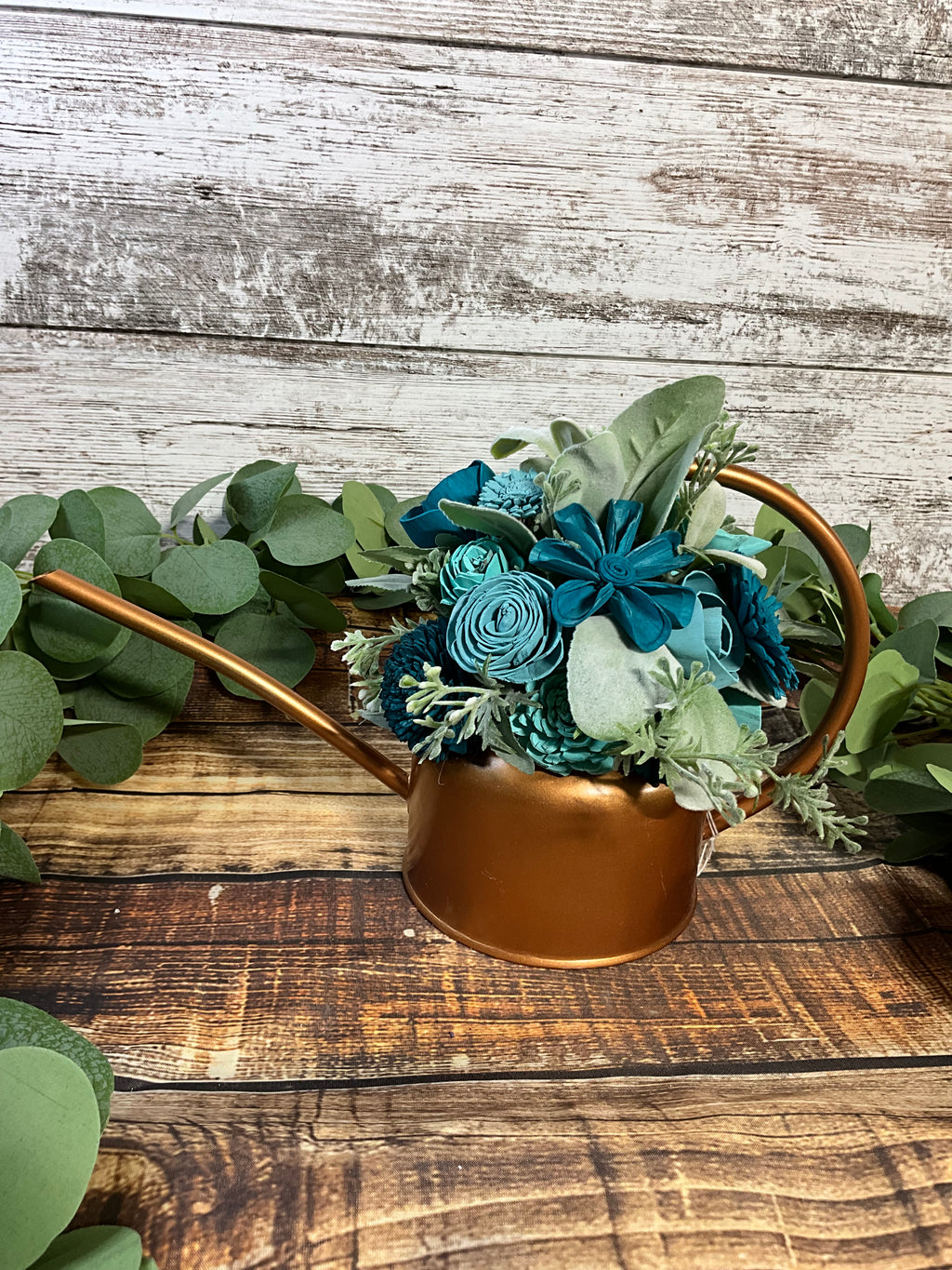 Copper Kettle - Turquoise Sola Wood Flowers in Copper Watering Can