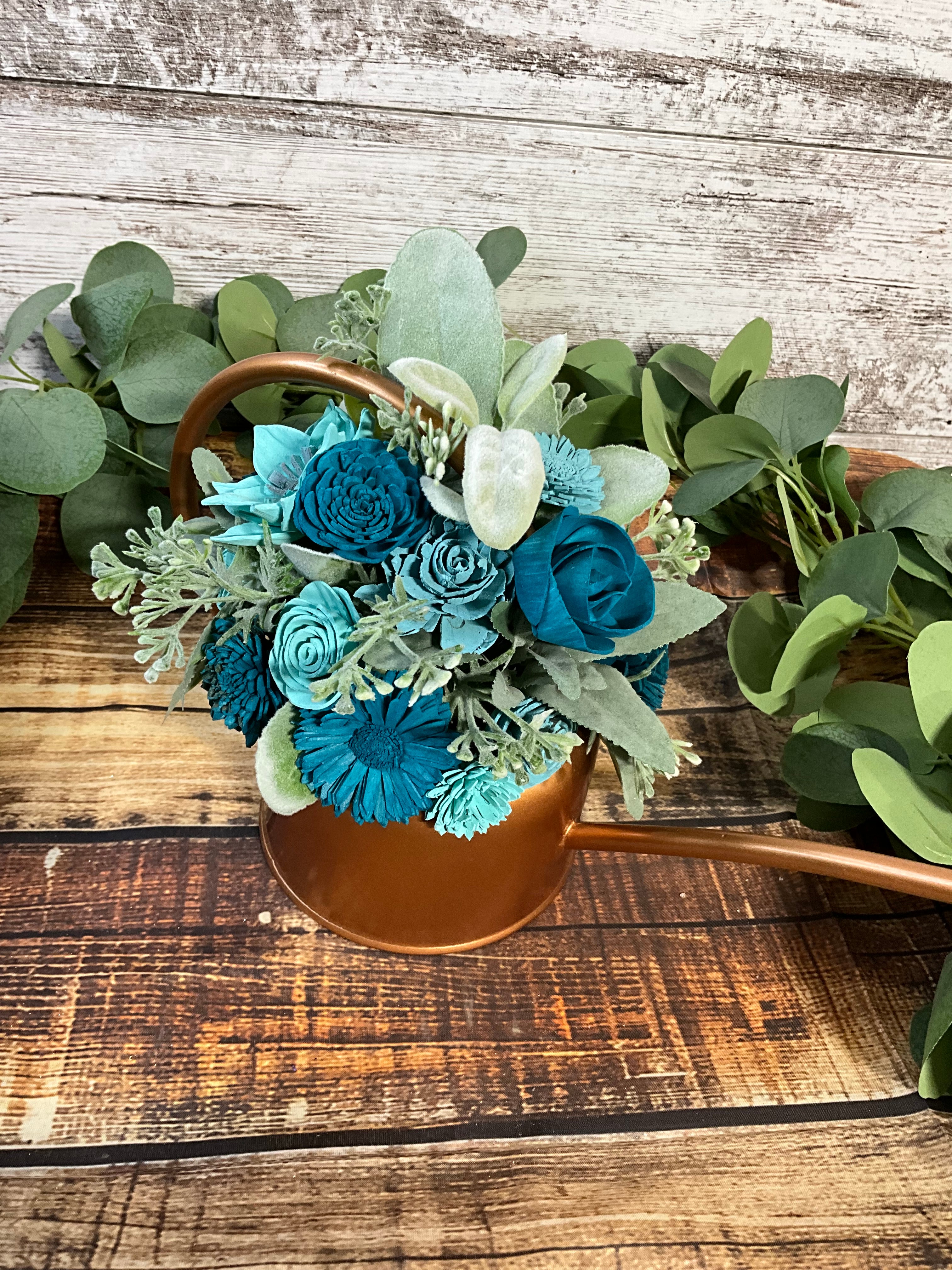 Copper Kettle - Turquoise Sola Wood Flowers in Copper Watering Can