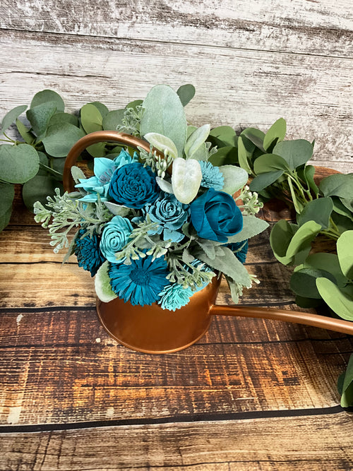Copper Kettle - Turquoise Sola Wood Flowers in Copper Watering Can