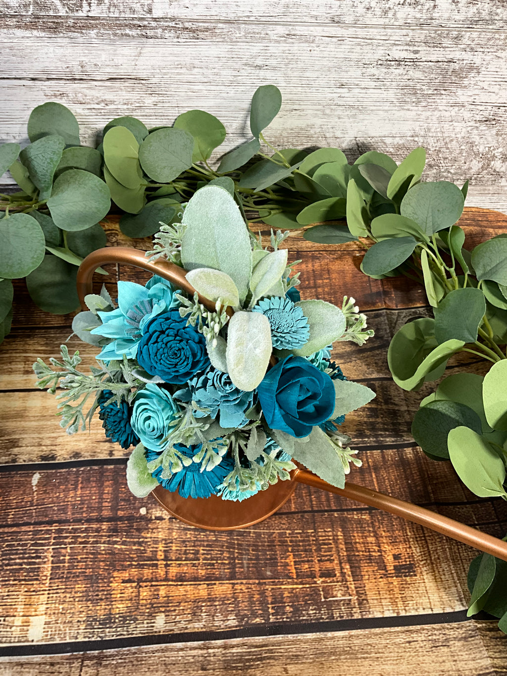 Copper Kettle - Turquoise Sola Wood Flowers in Copper Watering Can