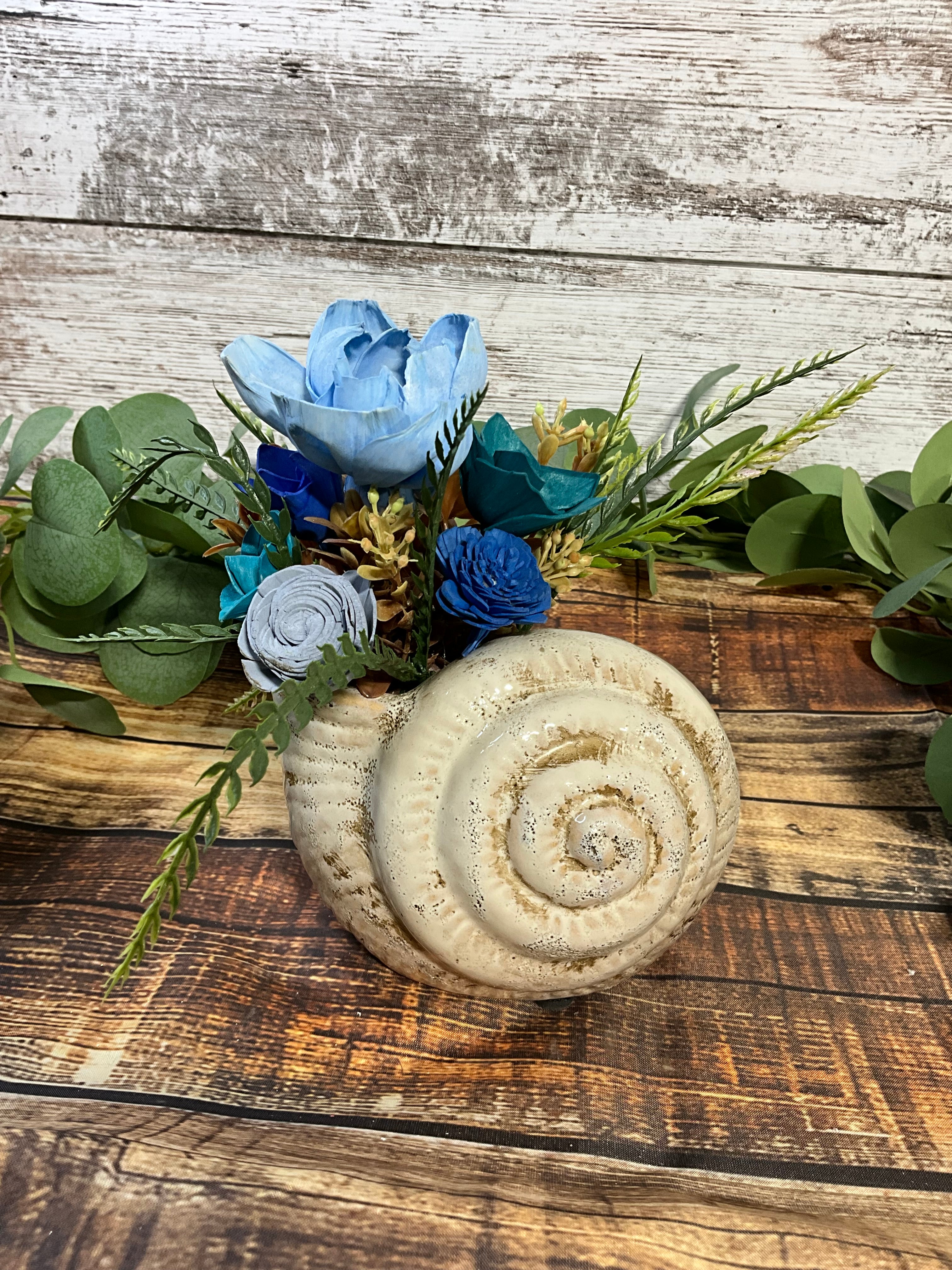 Coastal Seashell Sola Wood Arrangement - Blue & Teal Floral Centerpiece