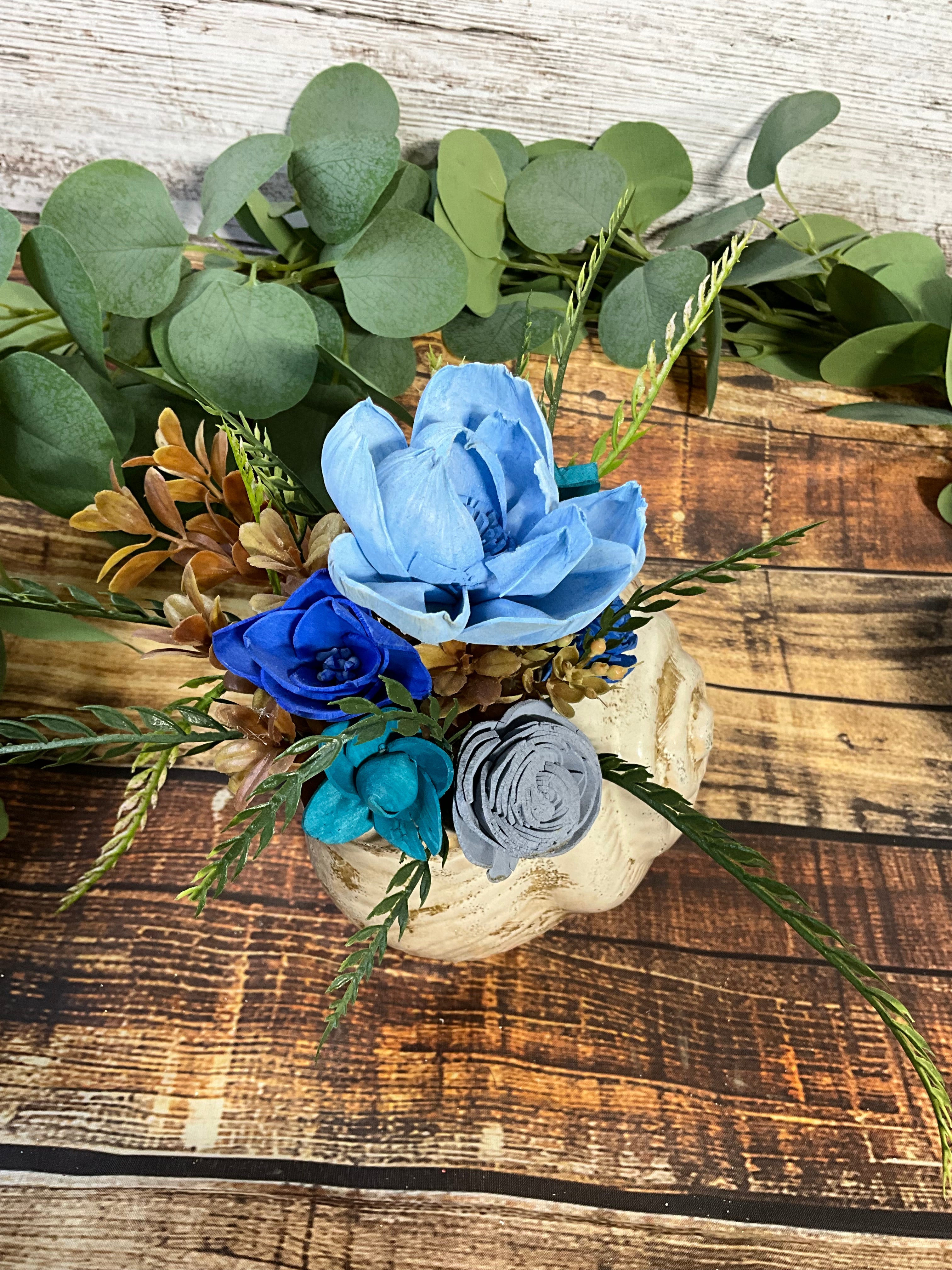 Coastal Seashell Sola Wood Arrangement - Blue & Teal Floral Centerpiece