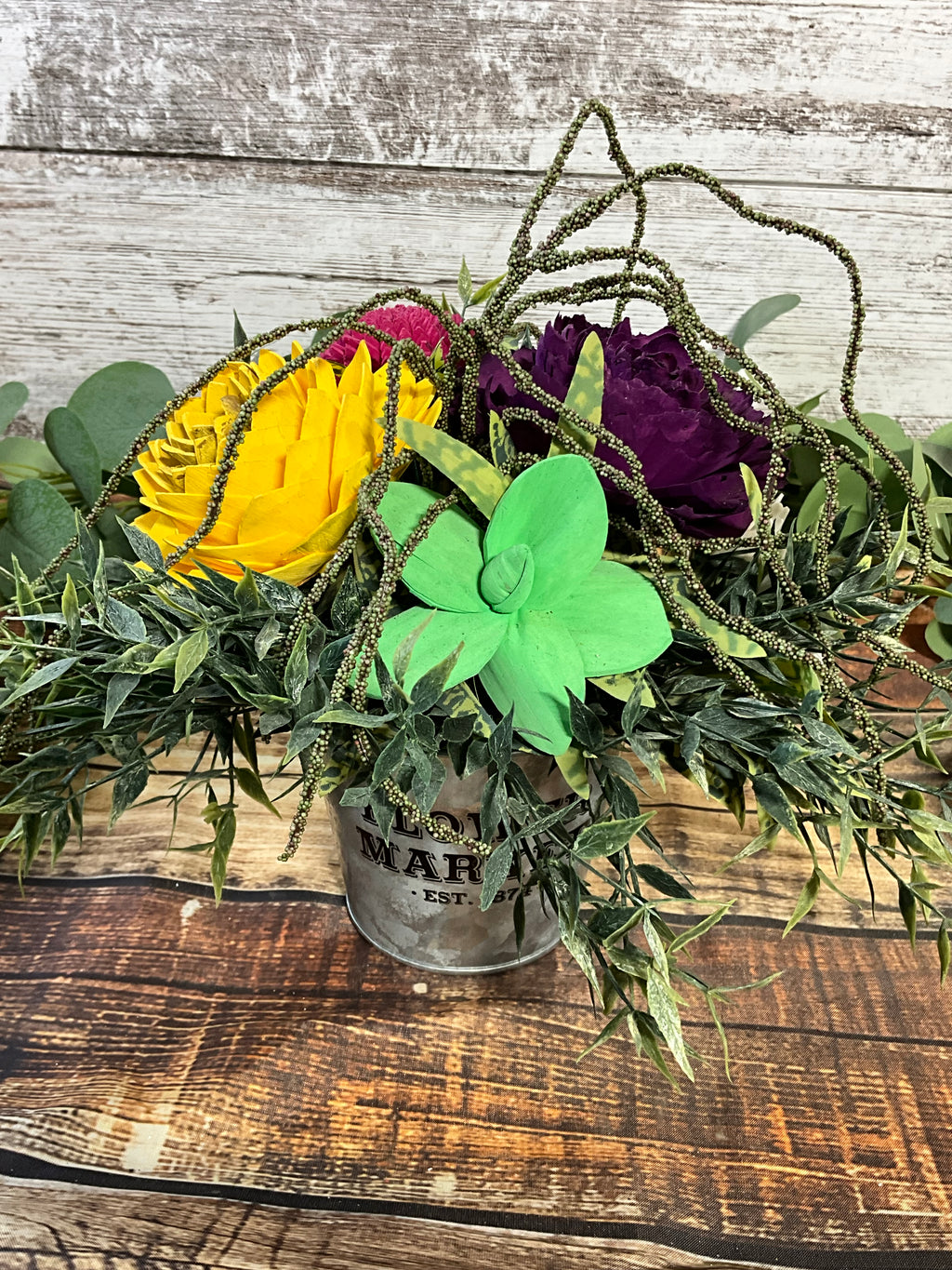 Sola Wood Flower Arrangement in Vintage Galvanized Bucket
