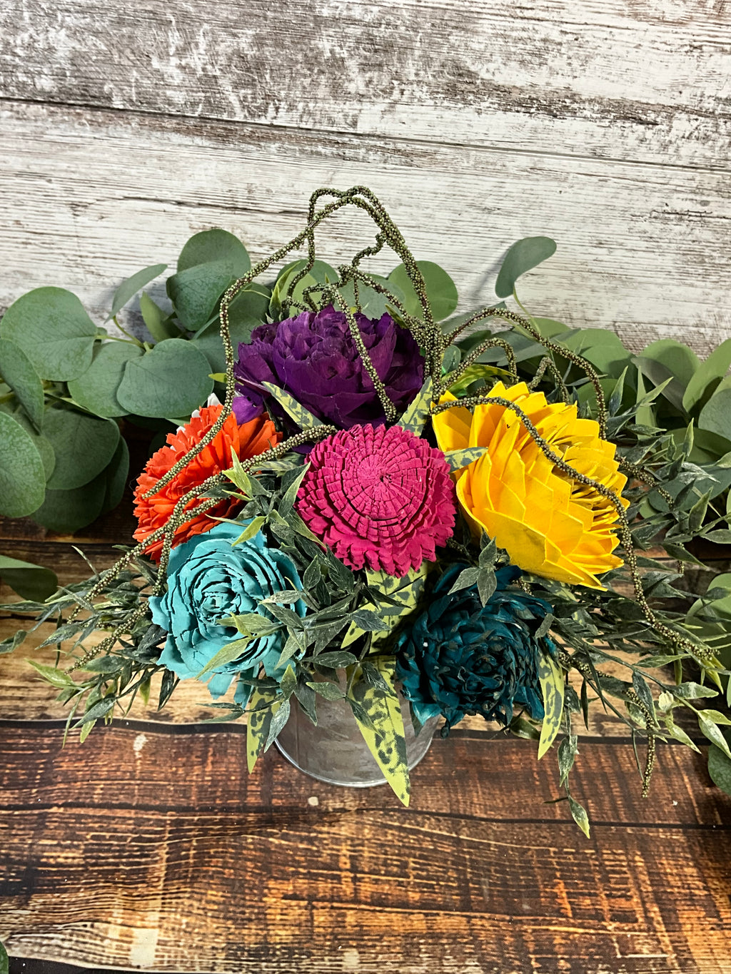Sola Wood Flower Arrangement in Vintage Galvanized Bucket