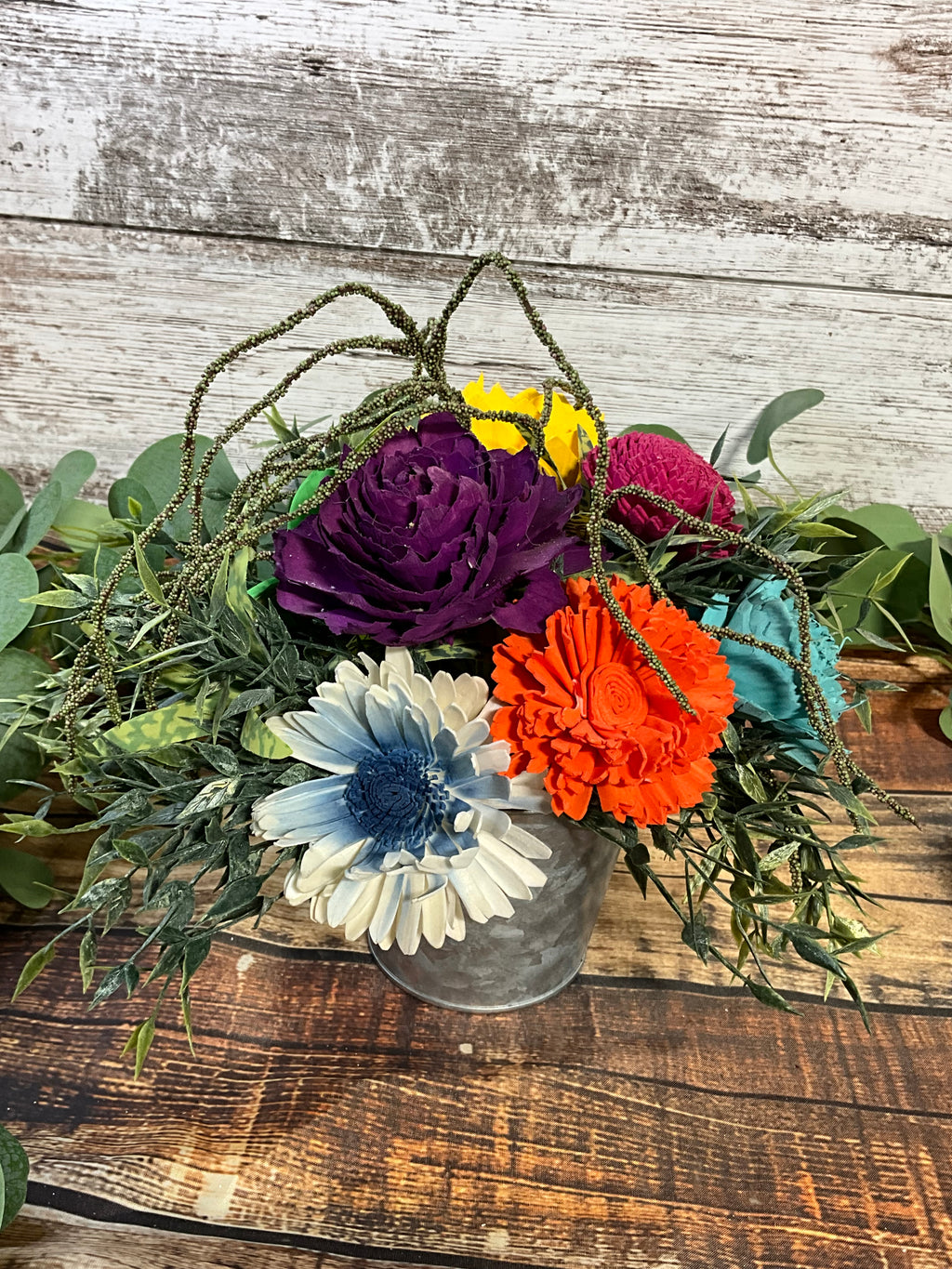 Sola Wood Flower Arrangement in Vintage Galvanized Bucket
