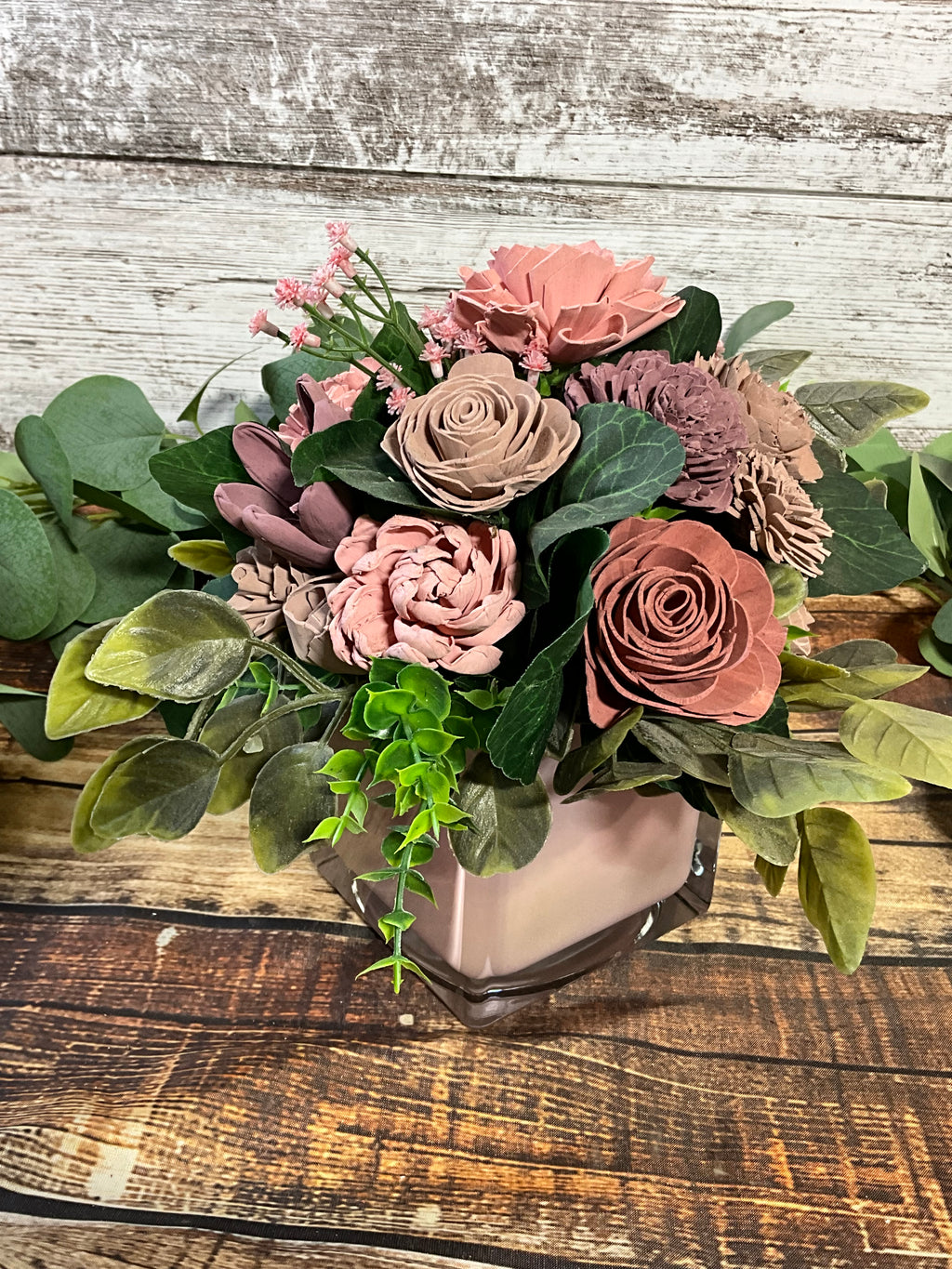 Dusty Rose & Mauve Sola Wood Flower Arrangement in Pink Vase