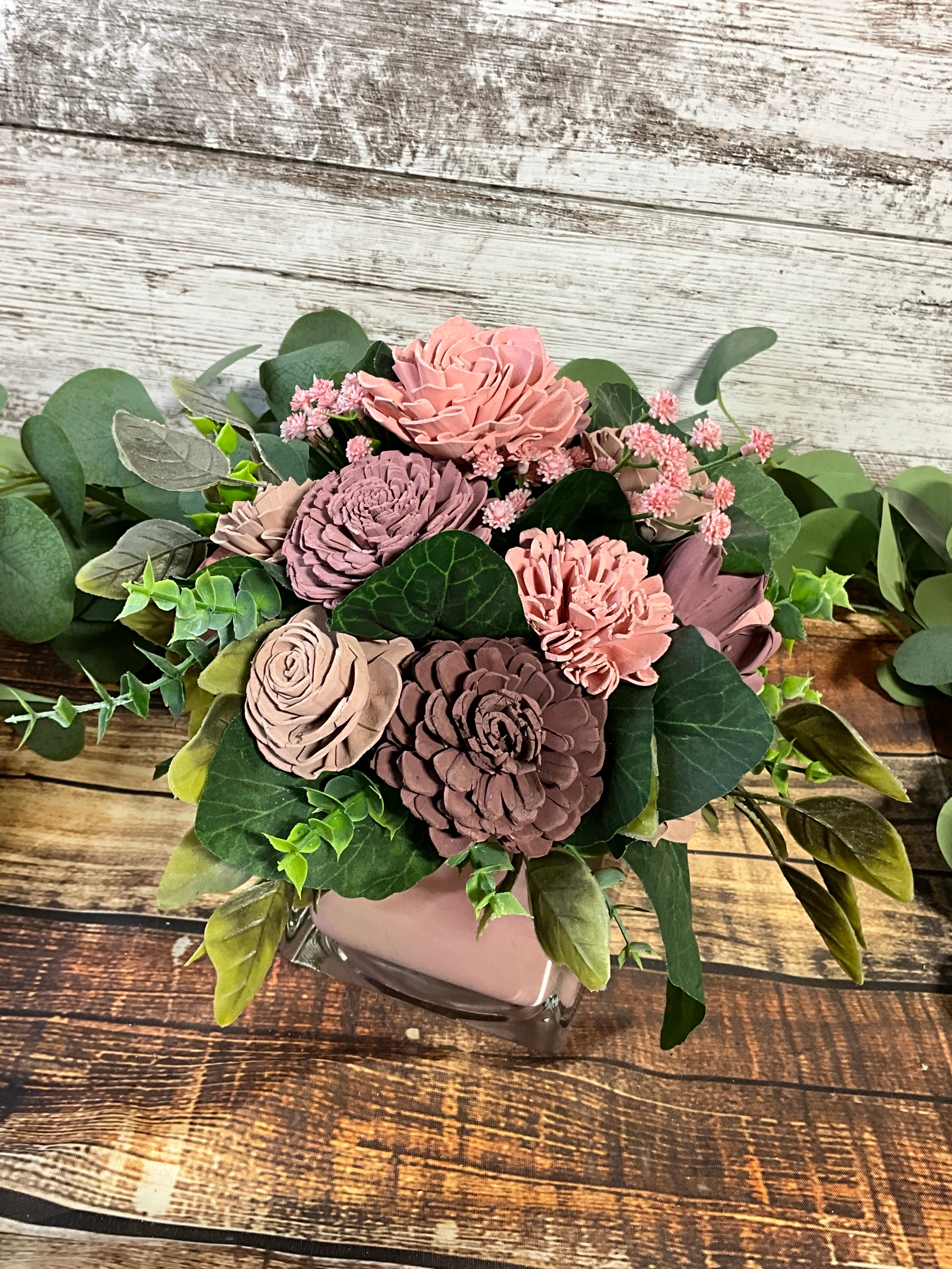 Dusty Rose & Mauve Sola Wood Flower Arrangement in Pink Vase