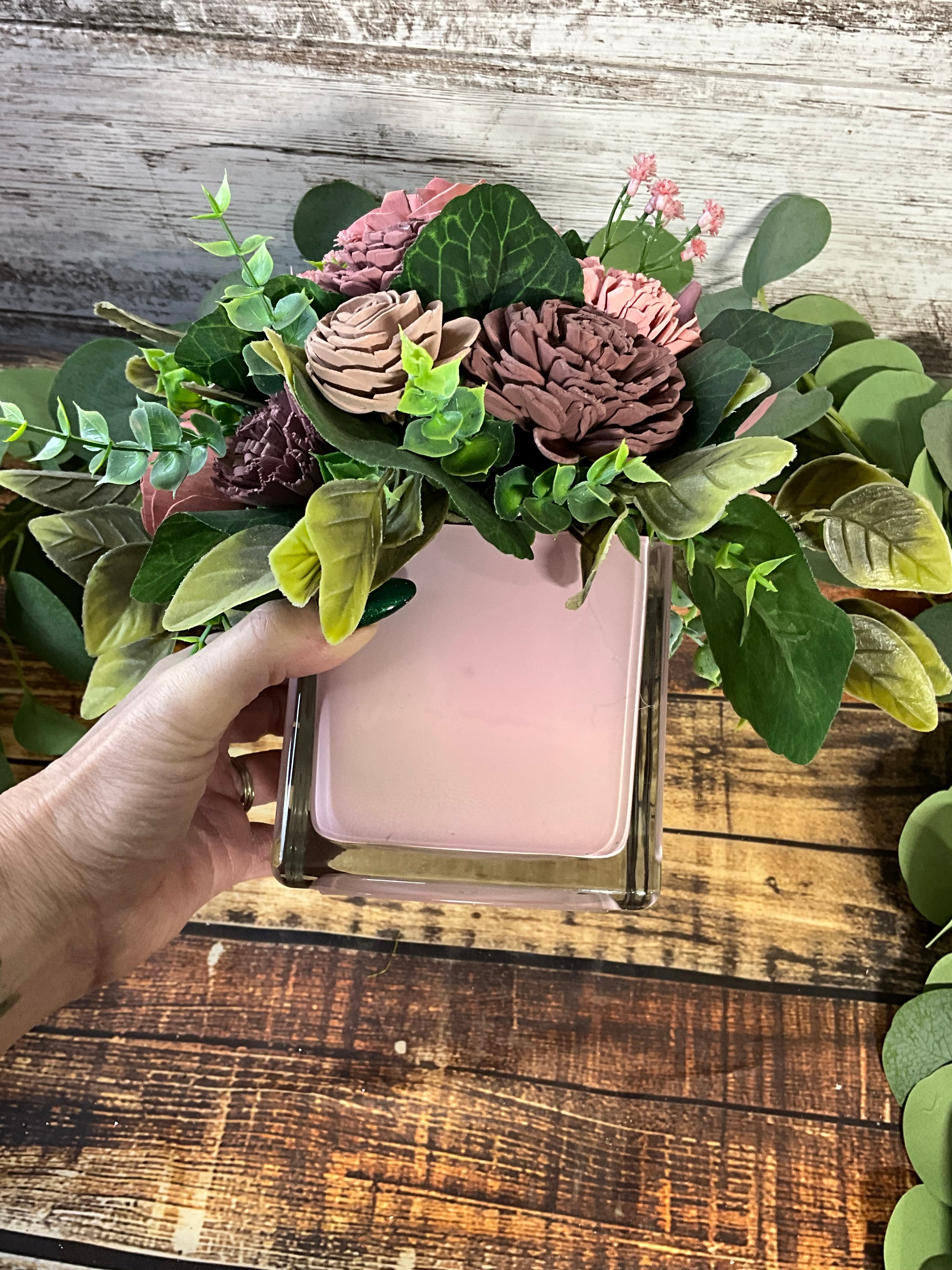 Dusty Rose & Mauve Sola Wood Flower Arrangement in Pink Vase